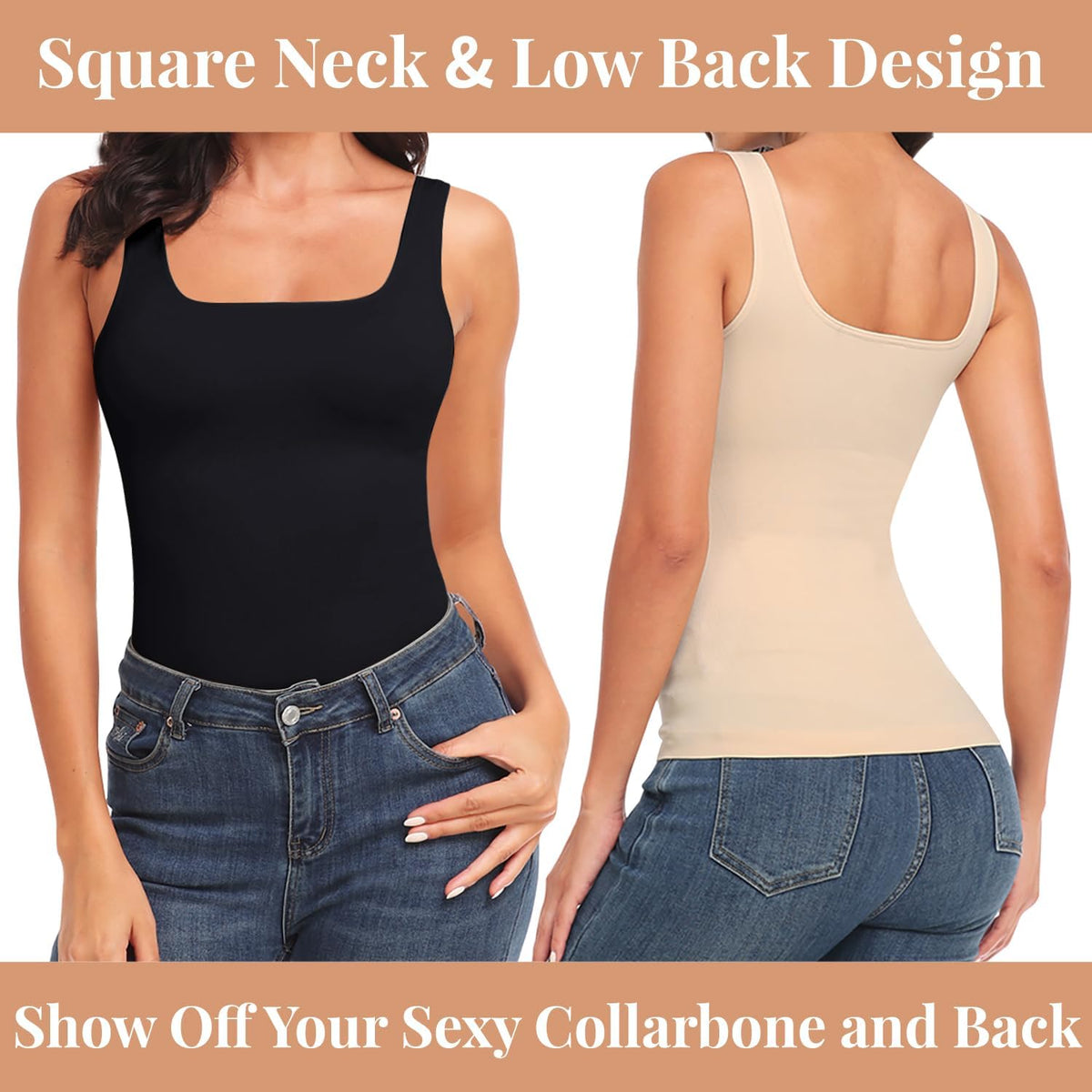 EUYZOU Women's Tummy Control Shapewear Tank Tops Seamless Square Neck Compression Tops Slimming