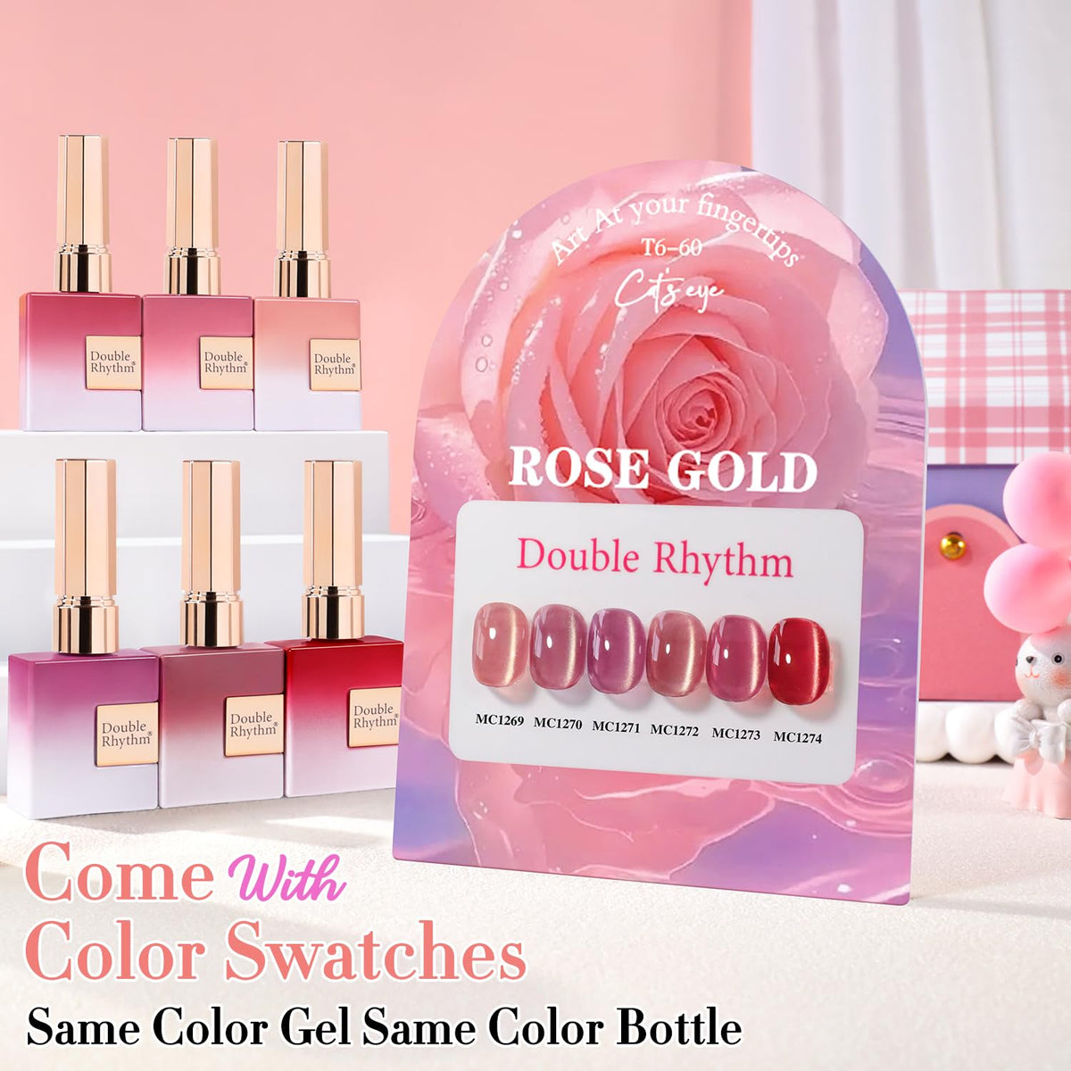 Double Rhythm Cat Eye Gel Nail Polish Set of 6 Same Color Same Bottle 0.5 Oz Shimmer Glitter with