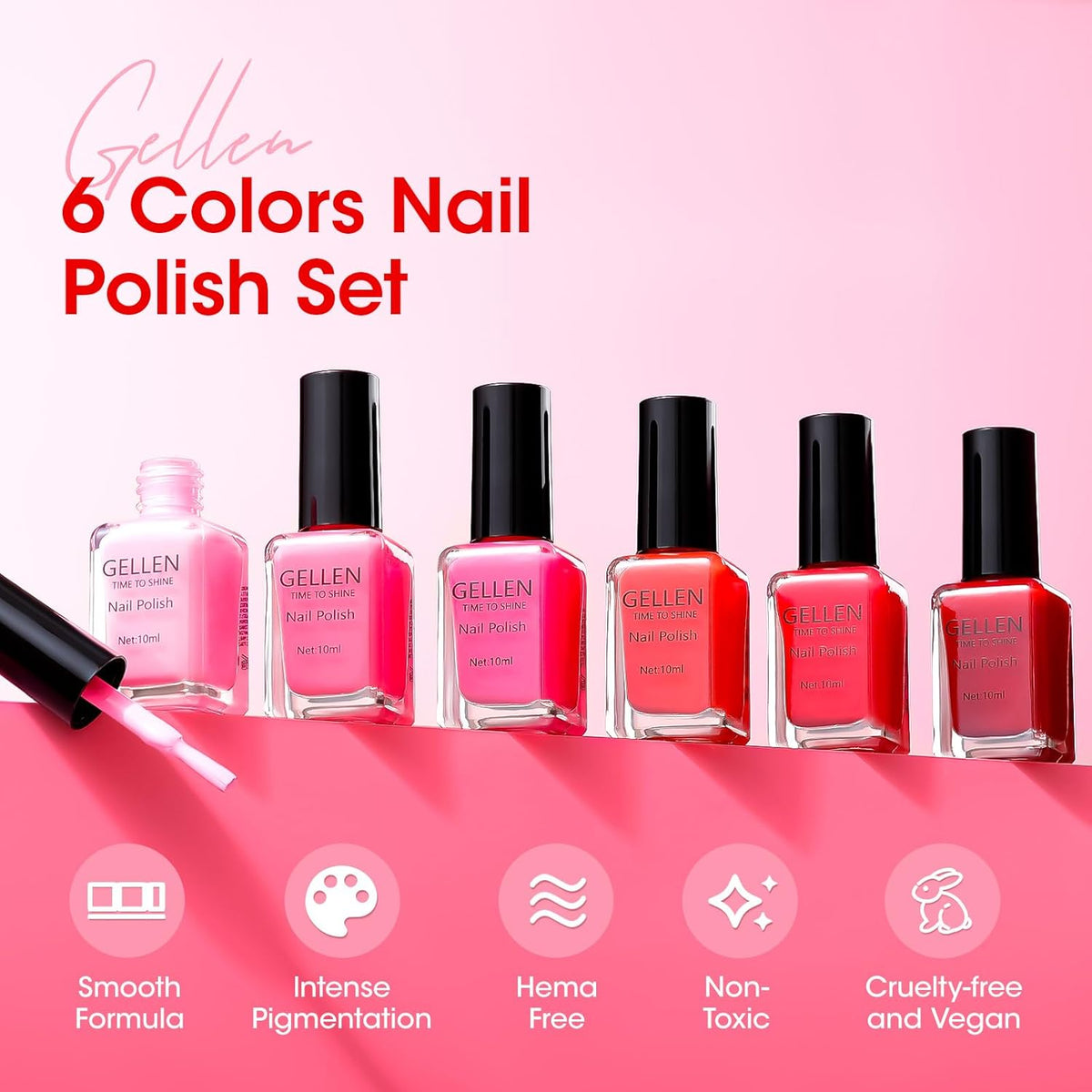 GELLEN Red Pink Nail Polish, Quick Air Dry Natural Traditional Regular Nail Polish Bright Red Hot
