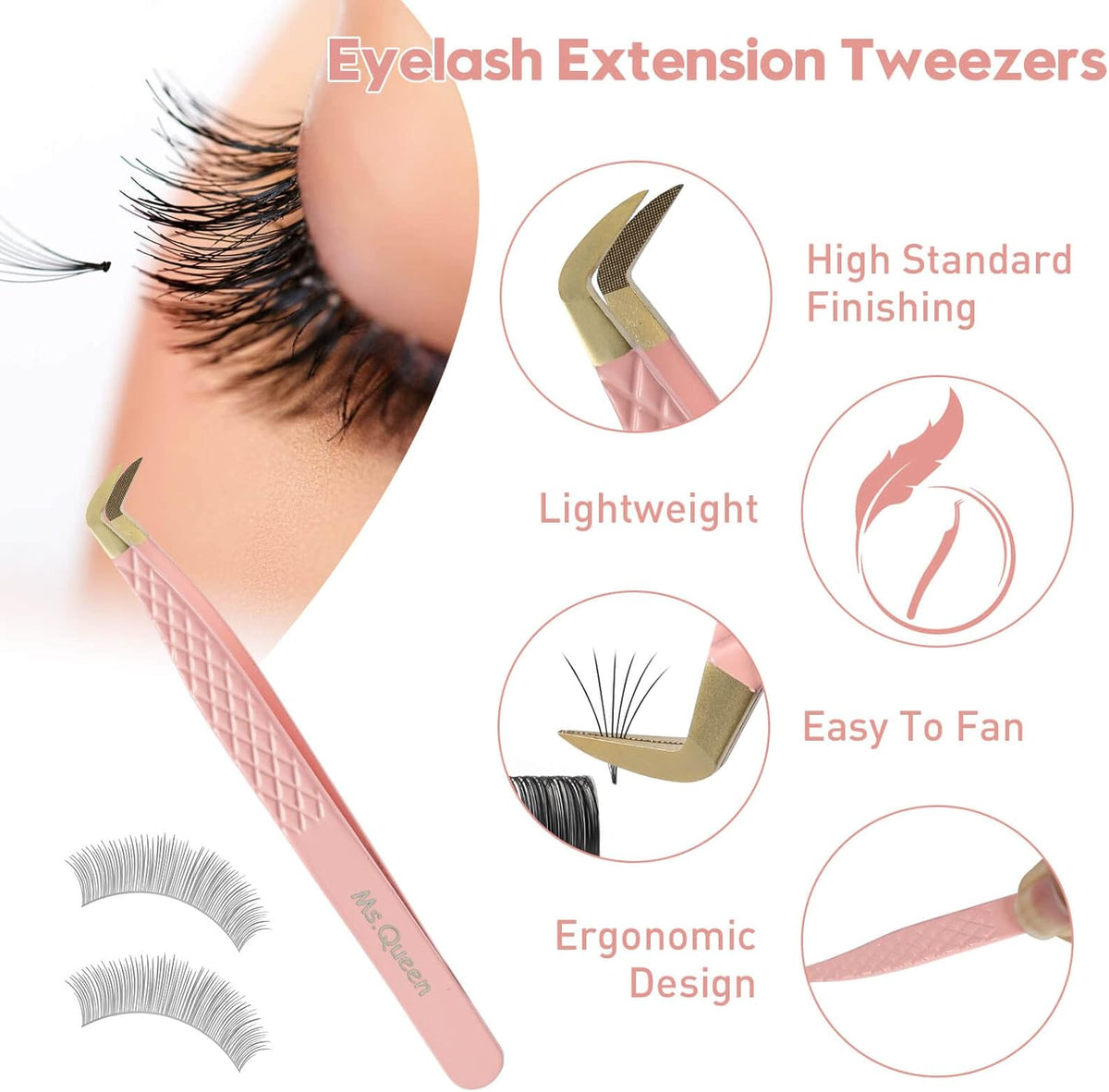 Ms.Queen Lash Tweezers for Eyelash Extensions,Fiber Tip Eyelash Tweezers for Mink Lashes Fan Making