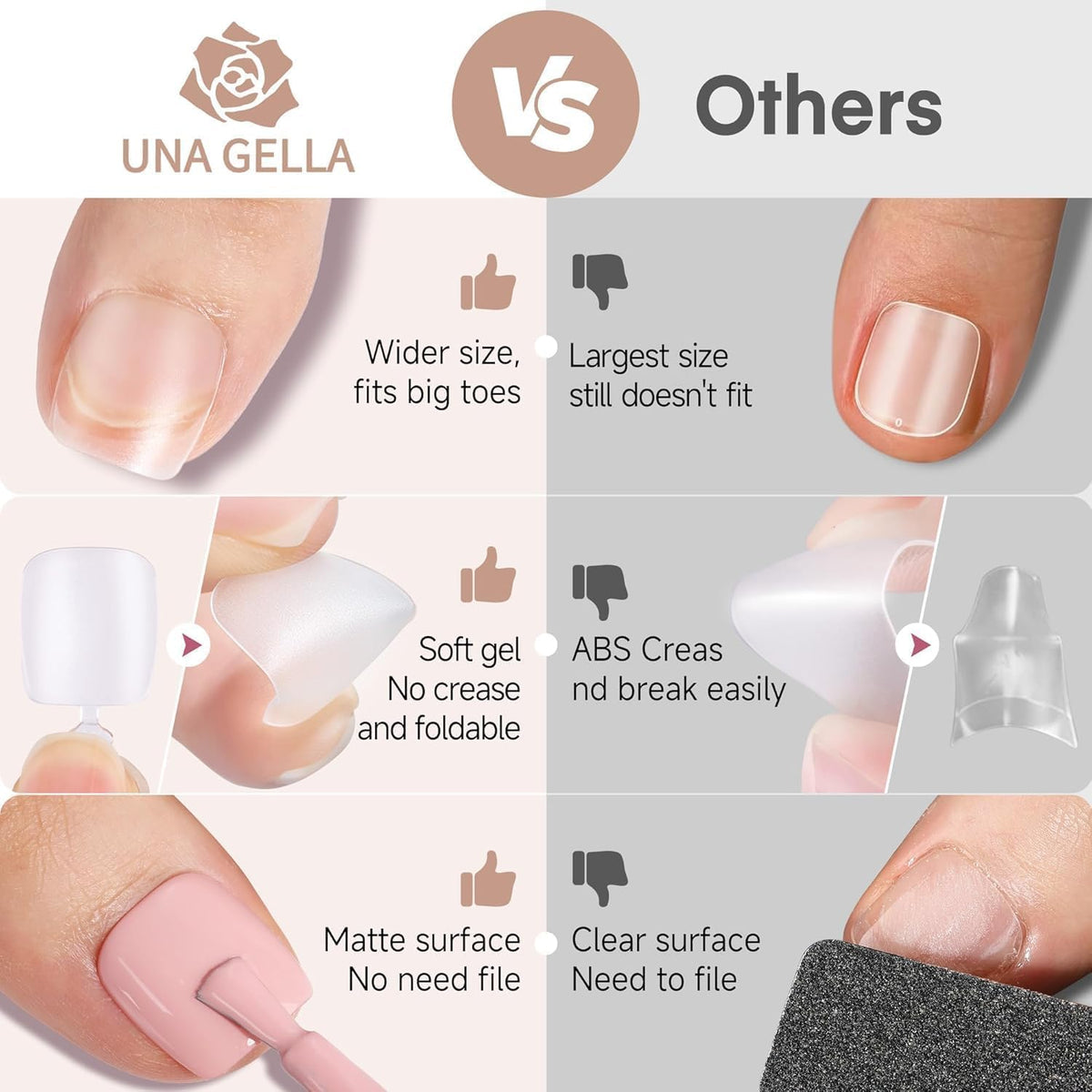 UNA GELLA Toe Nail Tips 504Pcs - Full Cover Matte Squavol Toe Nails Soft Gel Pre-file Gel Toe Nail