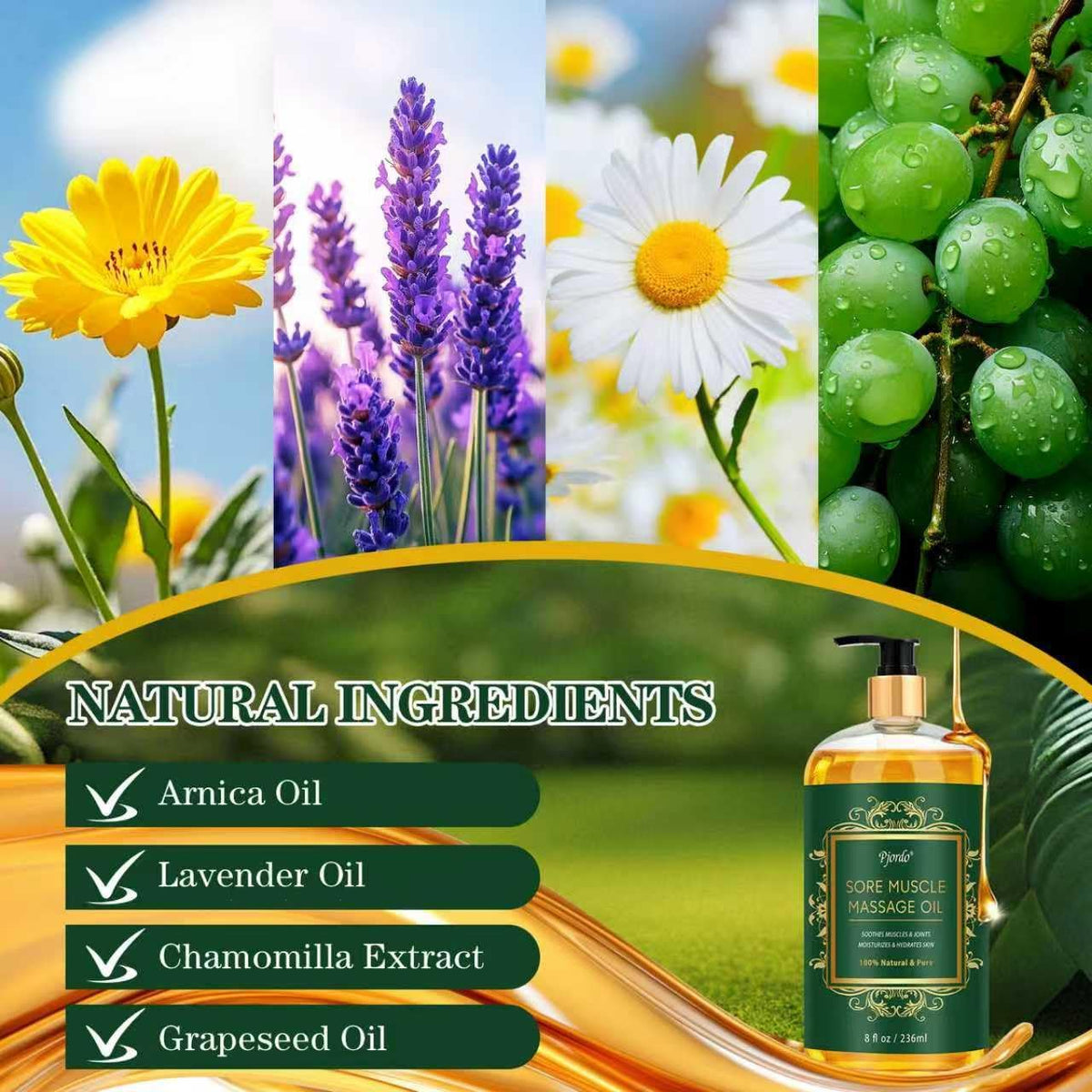 Sore Muscle Massage Oil for Massage Therapy, 8 FL OZ Natural Body Massage Oil with Lavender Oil