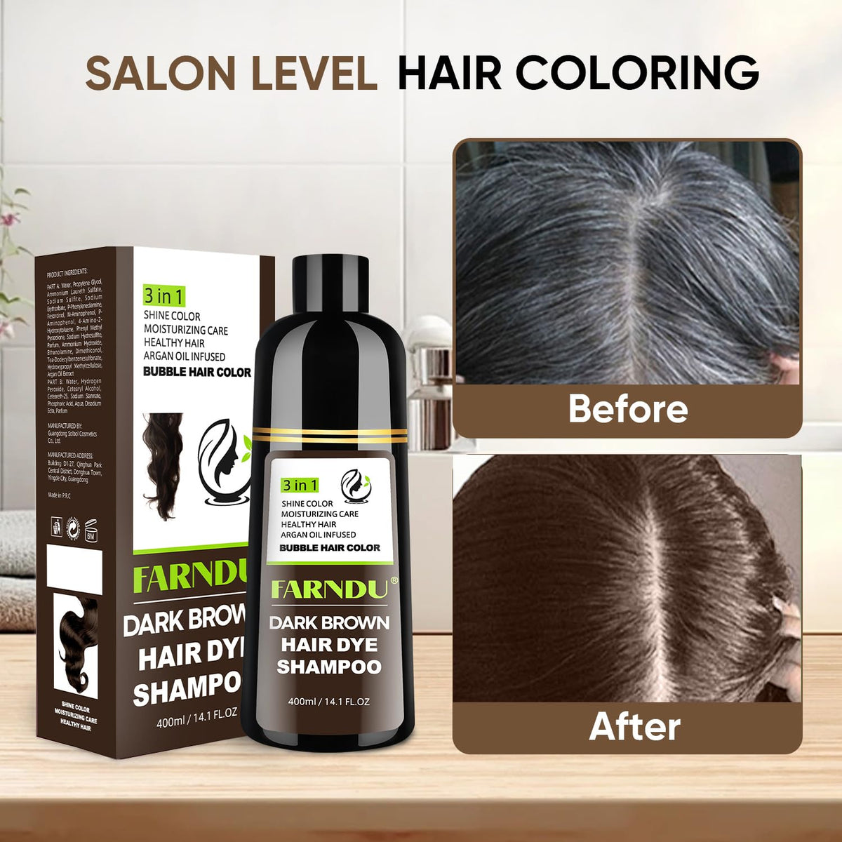 Dark Brown Hair Dye Shampoo 3 in 1 for Women Men Hair Color Shampoo Dye for Grey Hair Coverage