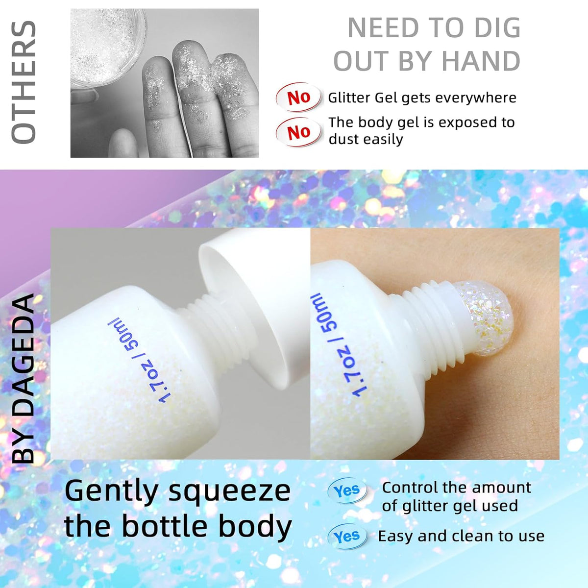 DAGEDA Body Glitter Gel, Holographic Face Glitters Body Gel Shimmer Liquid Eyeshadow, Color