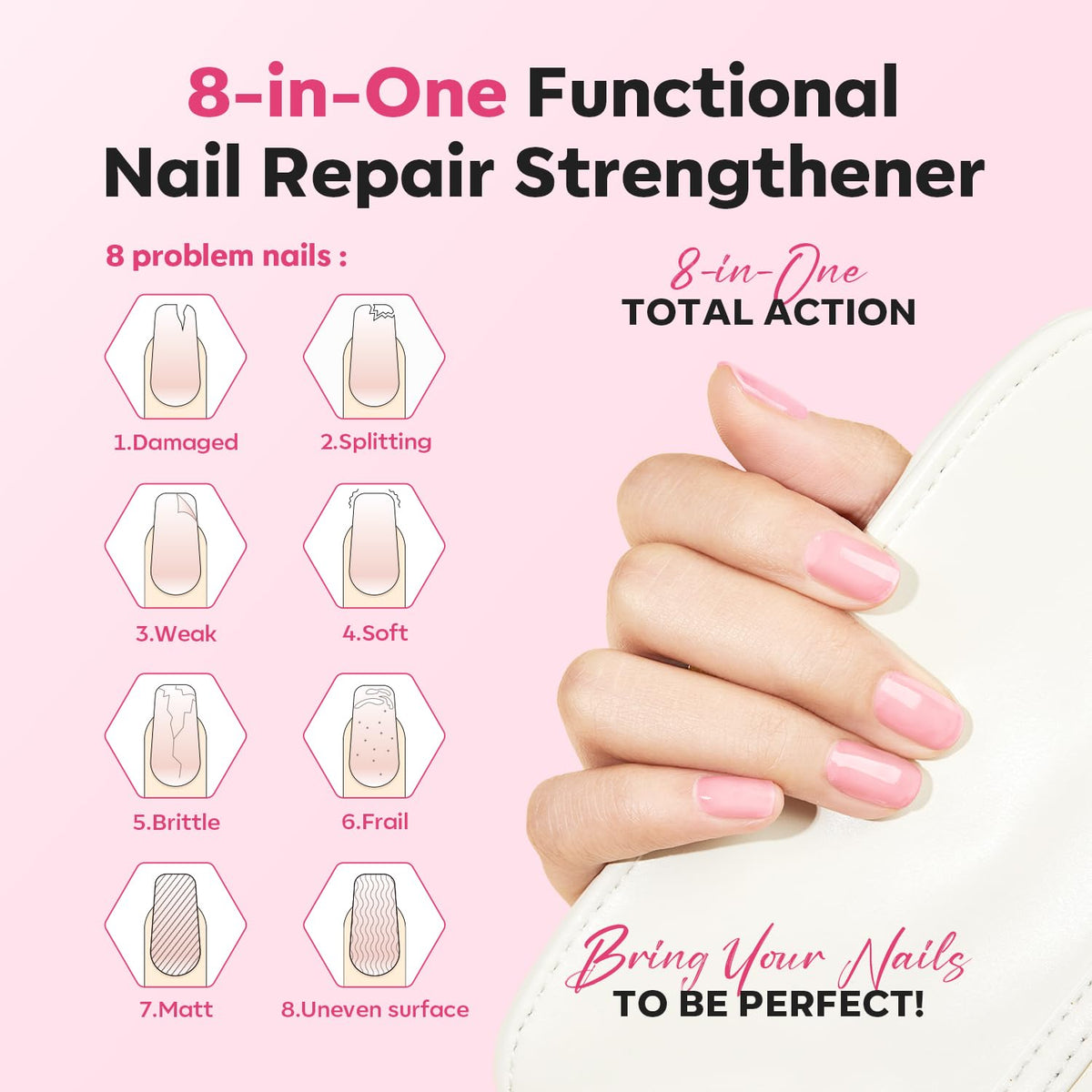 modelones Nail Strengthener Jelly Pink Nail Polish Repair 8-in-One Nail Ridge Filler Nail