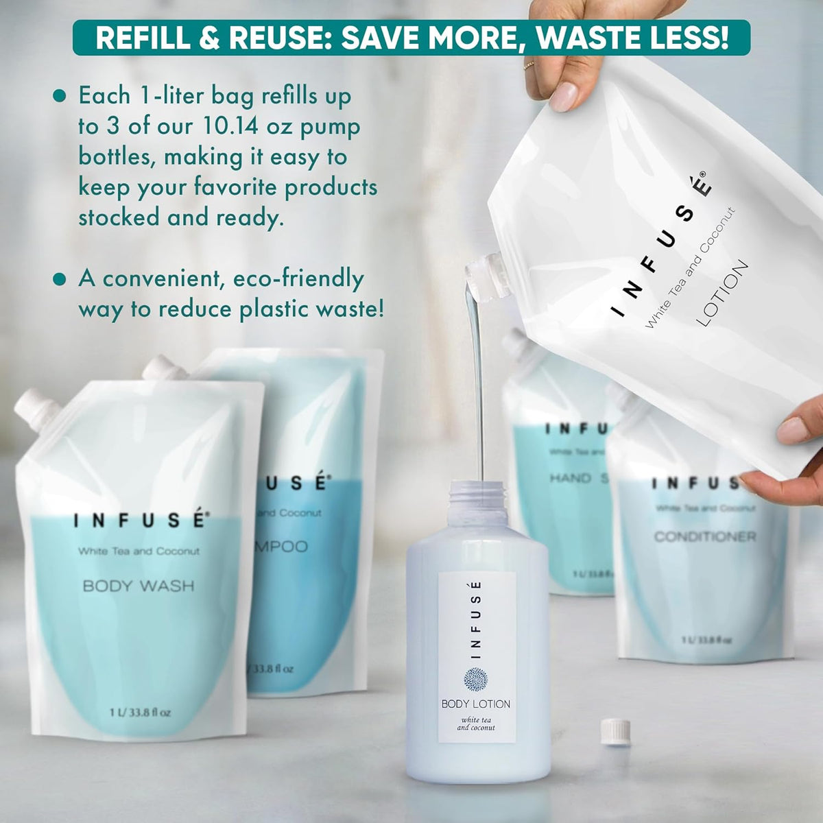 1 Liter Lotion Refill Bag For Soap Dispensers | Bulk Toiletries for Vacation Rentals, and Home