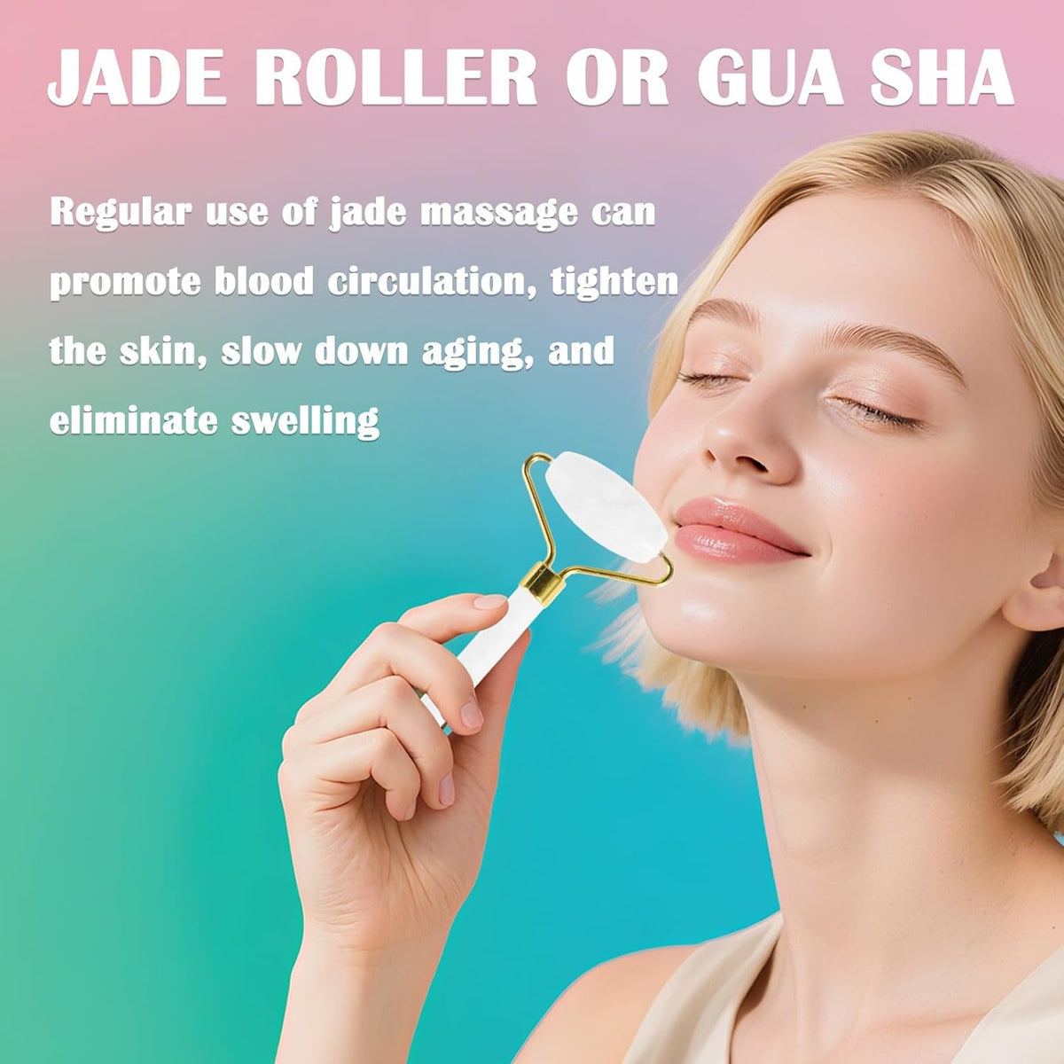 Natural Jade Roller & Gua Sha Set for Face, Facial Massager Tool for Skin Tightening, Anti-Aging
