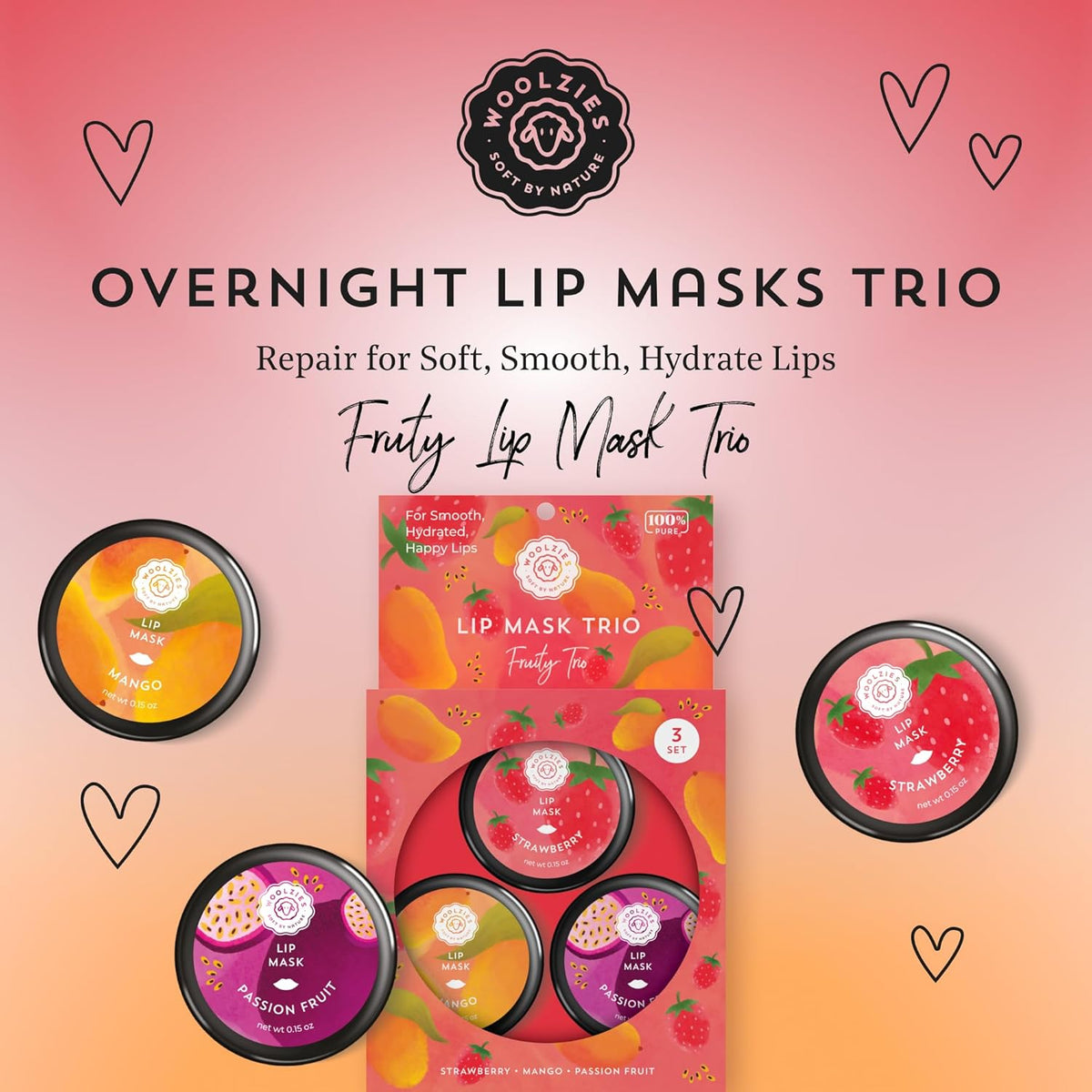 Overnight Lip Sleeping Masks Trio - Set of 3 All Natural Hydrating Lip Treatment - Overnight Repair