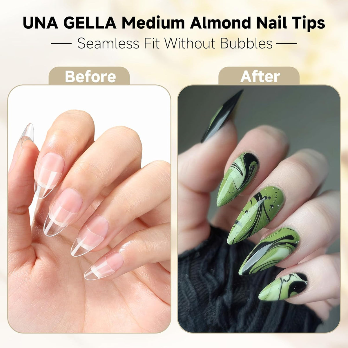 UNA GELLA Almond Shape Nail Tips Half Cover 216pcs Medium Almond Gel Nail Tips Pre-buff Matte Soft