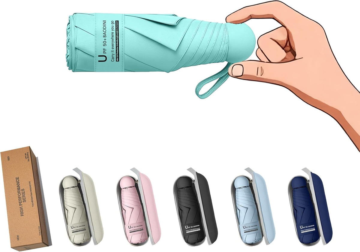 BAODINI Travel Essentials Mini Umbrella for Purse With Case Small Compact UV Sun Protection