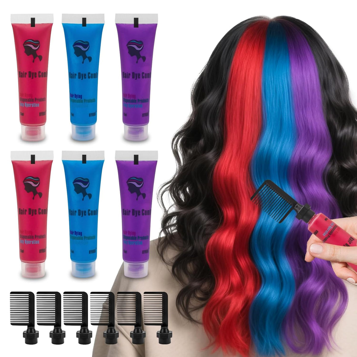 Byhoo Blue Red Purple Temporary Hair Color for Dark Hair Dye, Cream Formula, Washable Hair Dye for