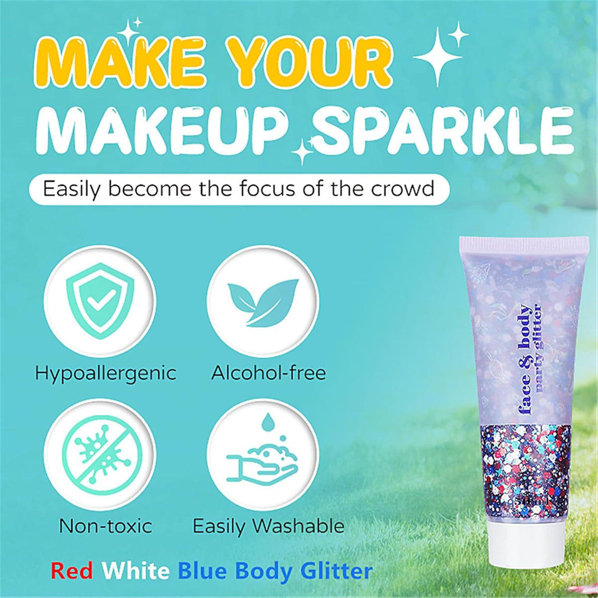 Go Ho Red White and Blue Body Glitter,Patriotic Pride Face Glitter Gel,4th of July Outfits for