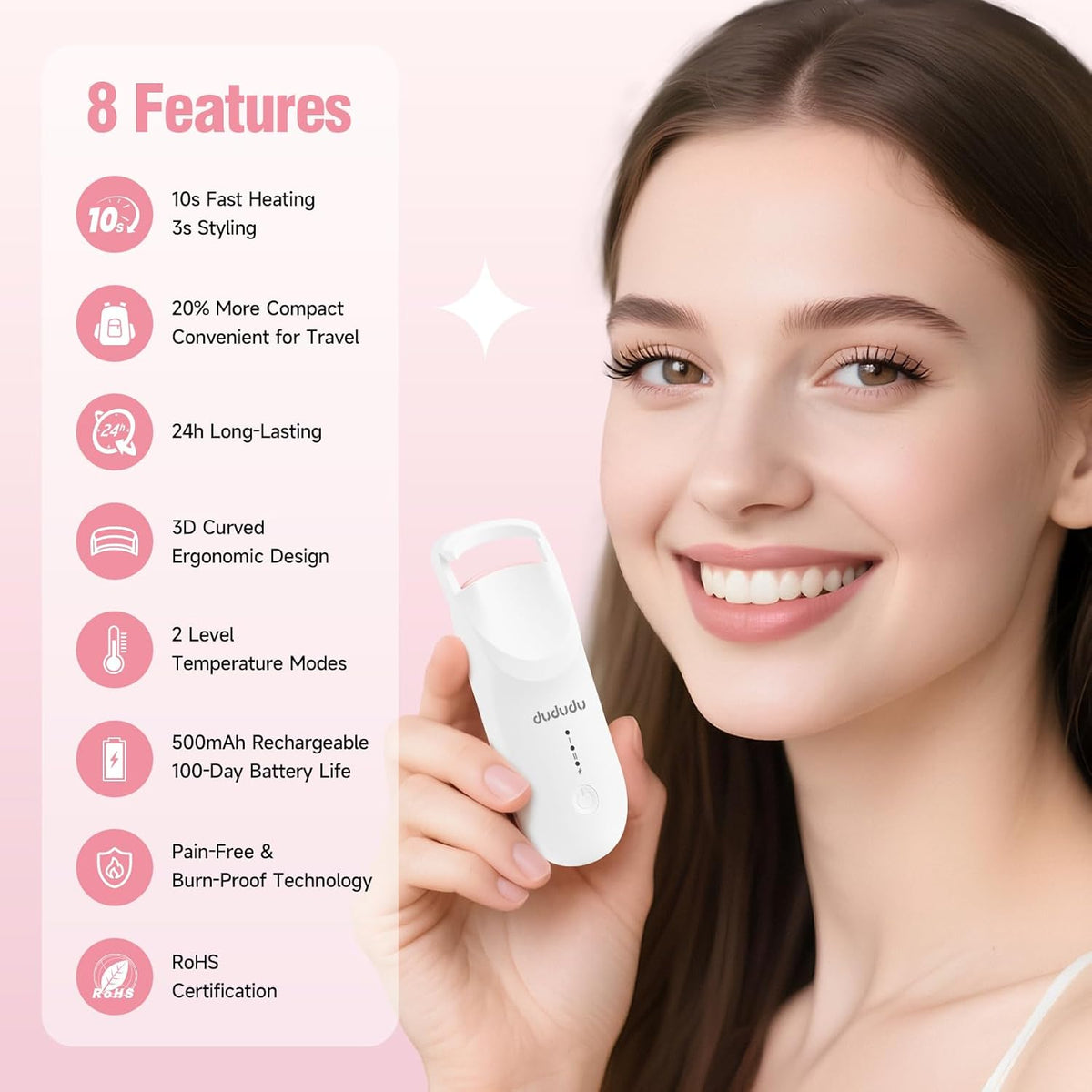 DUDUDU Heated Eyelash Curler, Portable Travel-Size Mini Electric Heated Lash Curler - 2-Level