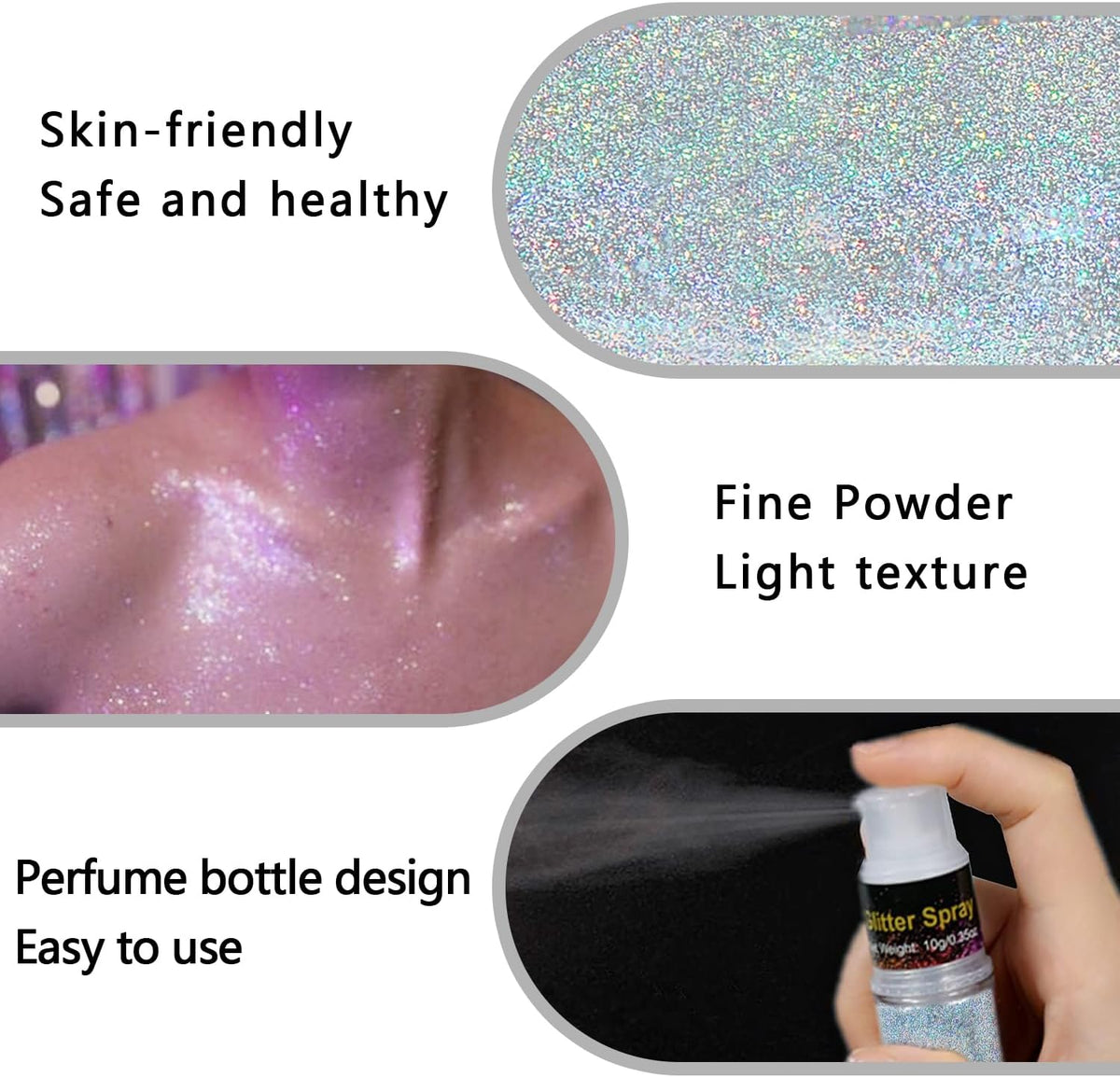 Hair and Body Glitter Spray, Holographic Glitter Highlighter Powder, Face Body Clothes Shiny