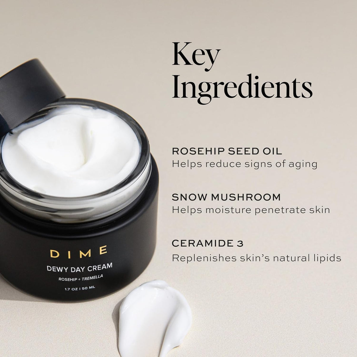 Dime Beauty Dewy Day Cream, Morning Face Moisturizer with Rosehip Oil and Tremella Snow Mushroom