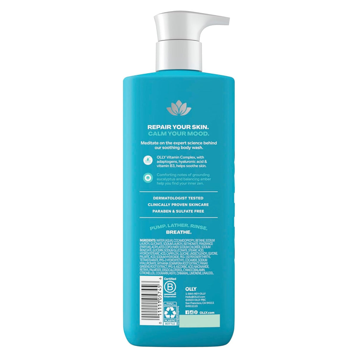 OLLY Calm Body Wash with Hyaluronic Acid, Adaptogens & Vitamin B3– Nourishing Cleanser for Skin