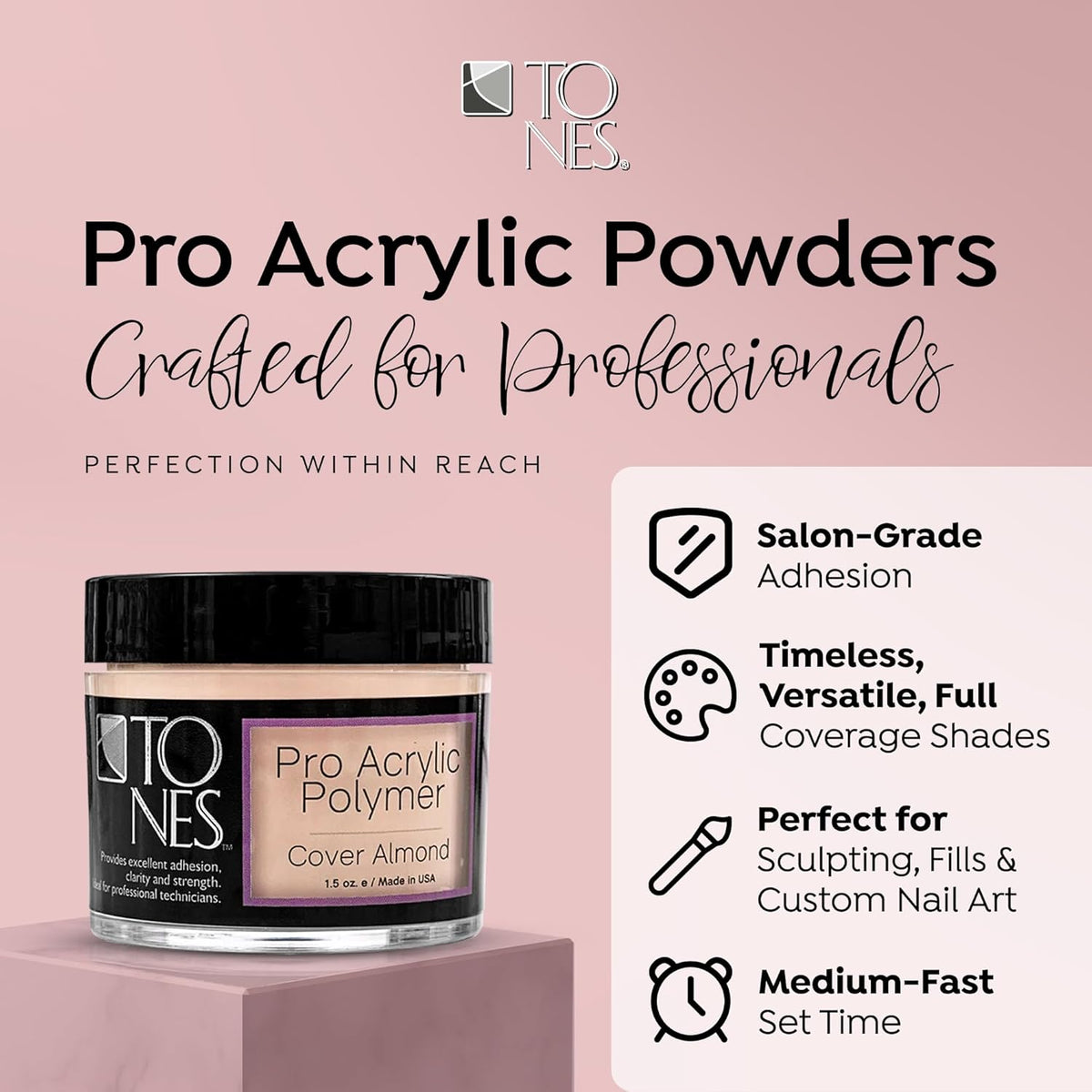 Tones Pro Acrylic Nail Powder, Cover Almond (Soft Nude Beige), (3.5 Fl Oz) - Long-Lasting &