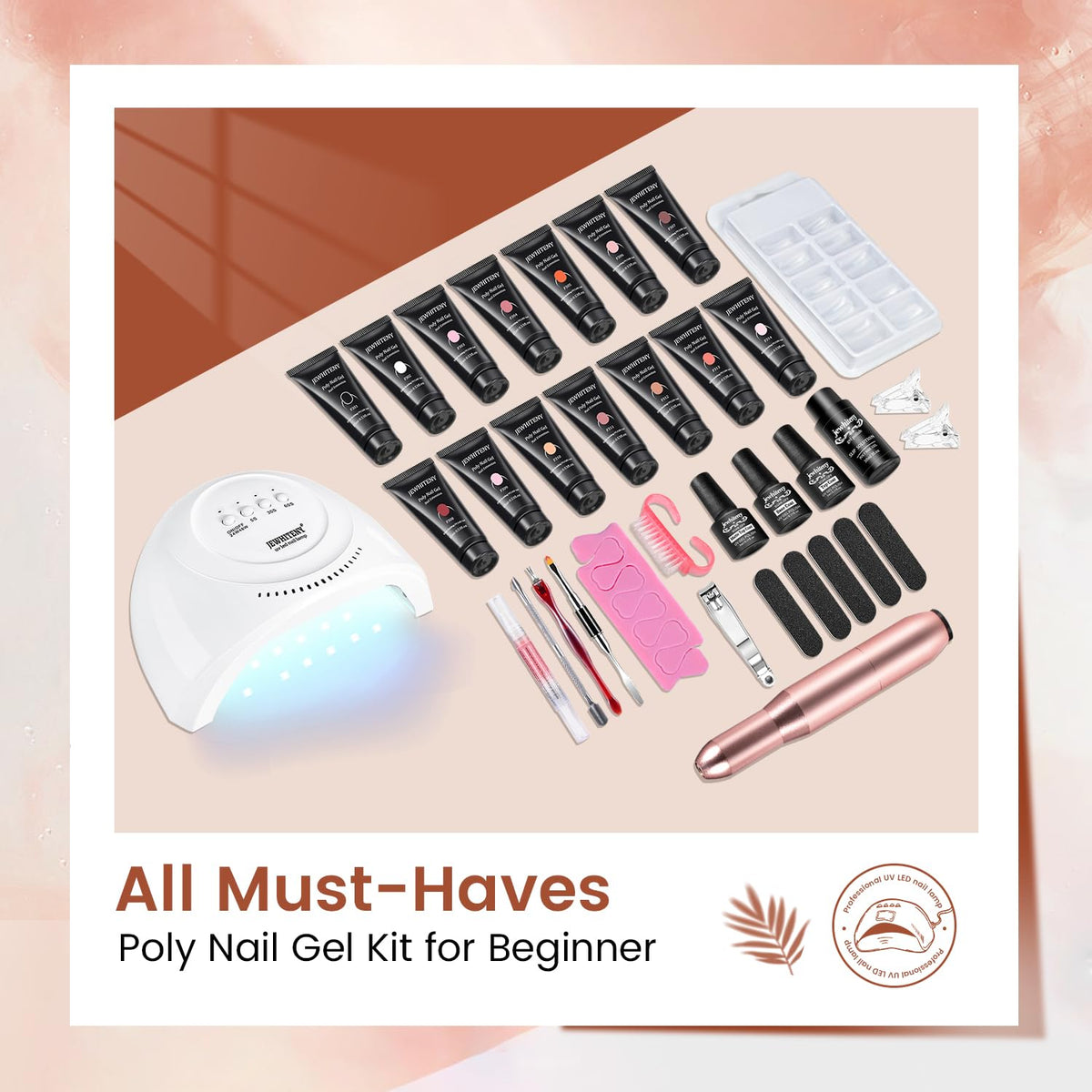 JEWHITENY 14 pcs Poly Gel Nail Extension Kit With Drill Machine U V Nail Light ALL In One Polygel