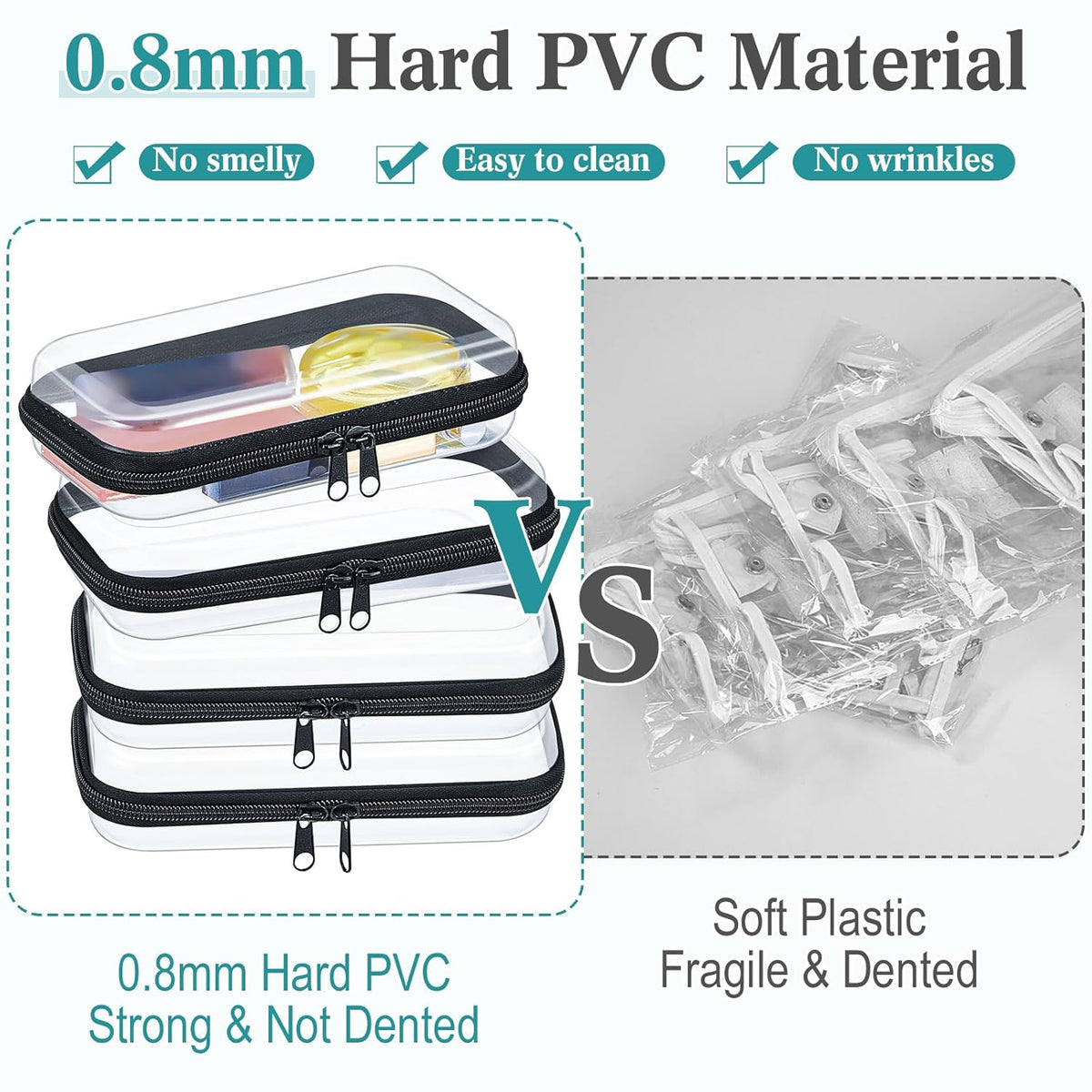 Hoolerry 3 Pcs Clear Hard Zipper Case Plastic Pouch Transparent Hard Case Clear Makeup Bag Portable