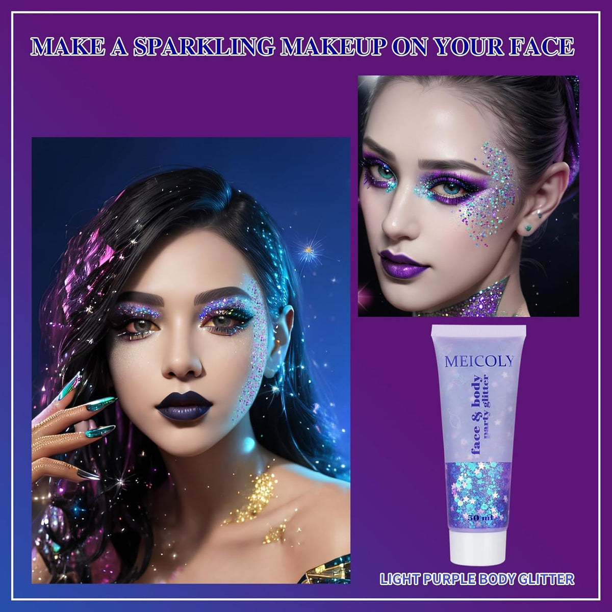 MEICOLY Light Purple Body Glitter,Chameleon Purple Mermaid Face Glitter,Mardi Gras Outfit for