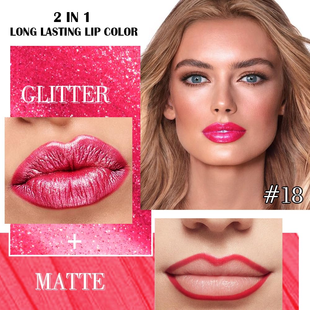 evpct Crushed Ruby Red Metallic Glitter Lip Liner and Lipstick Combo Lip Gloss Stain Set Makeup for