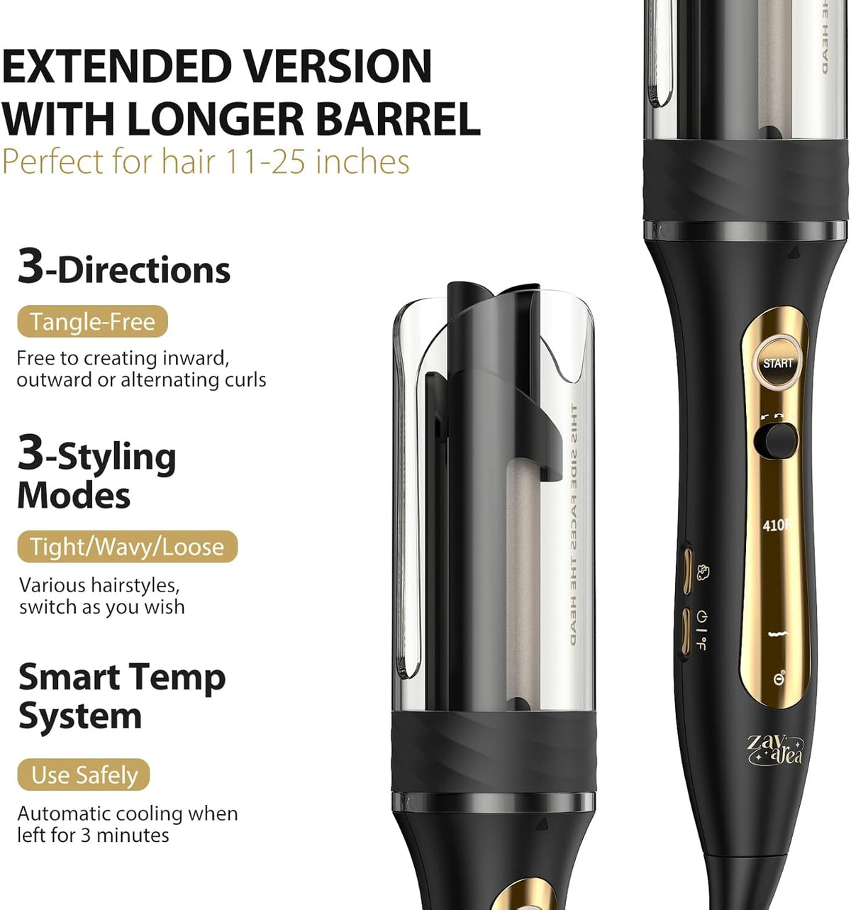 Zavarea Automatic Curling Iron, 1 Inch Hair Curler with 5 Temperatures, 3-Ways Rotation & 3-Styling