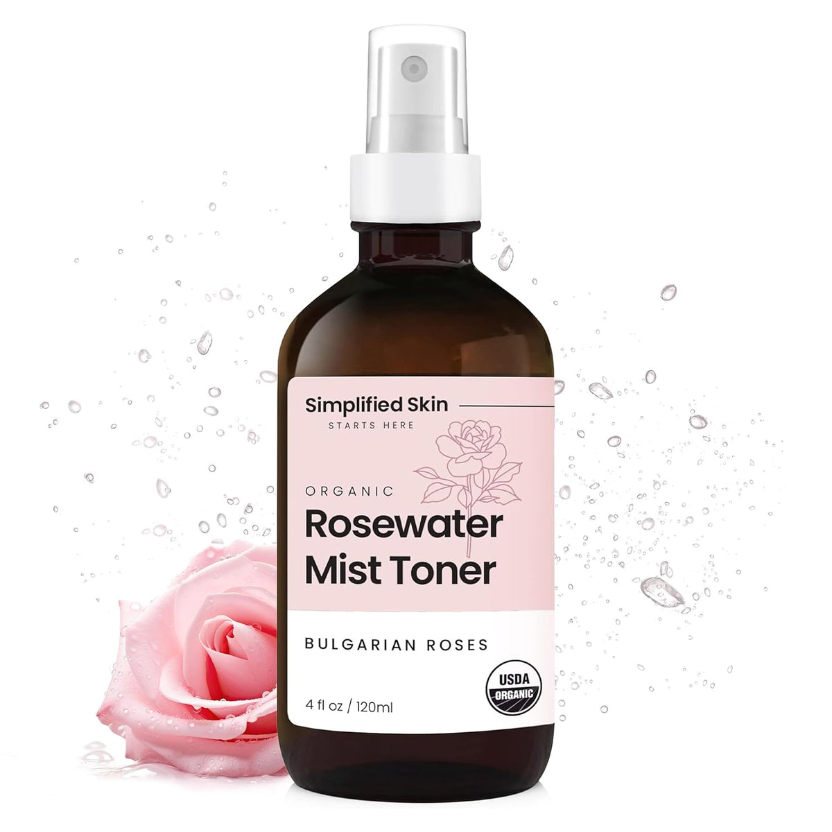 Rose Water Spray for Face & Hair – Pure USDA Organic Rosewater Toner – Refreshing Mist for Skin