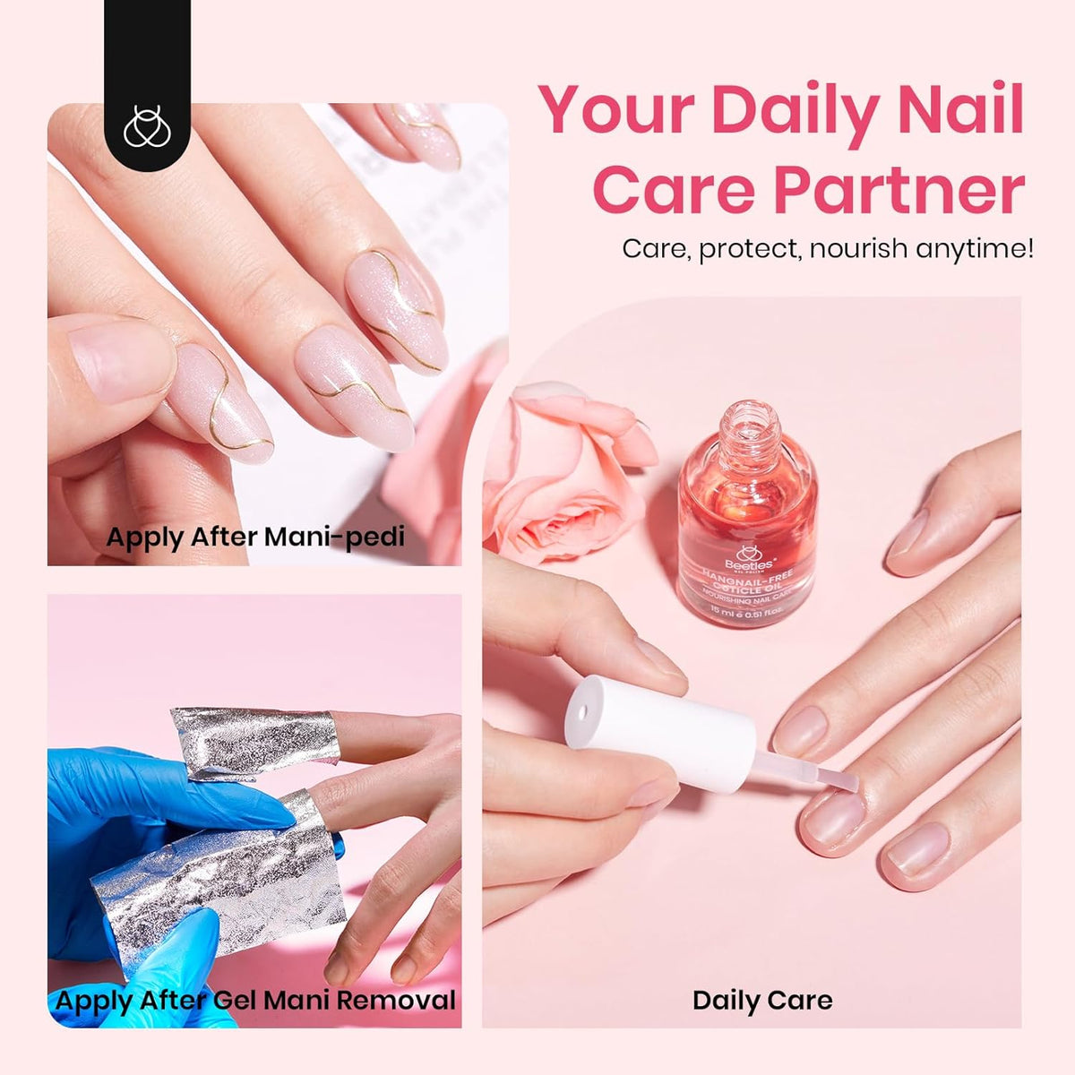 Beetles Cuticle Oil for Nail & Cuticle Care, 15ml Natural Rose Smell Oil with Vitamin E Nourish