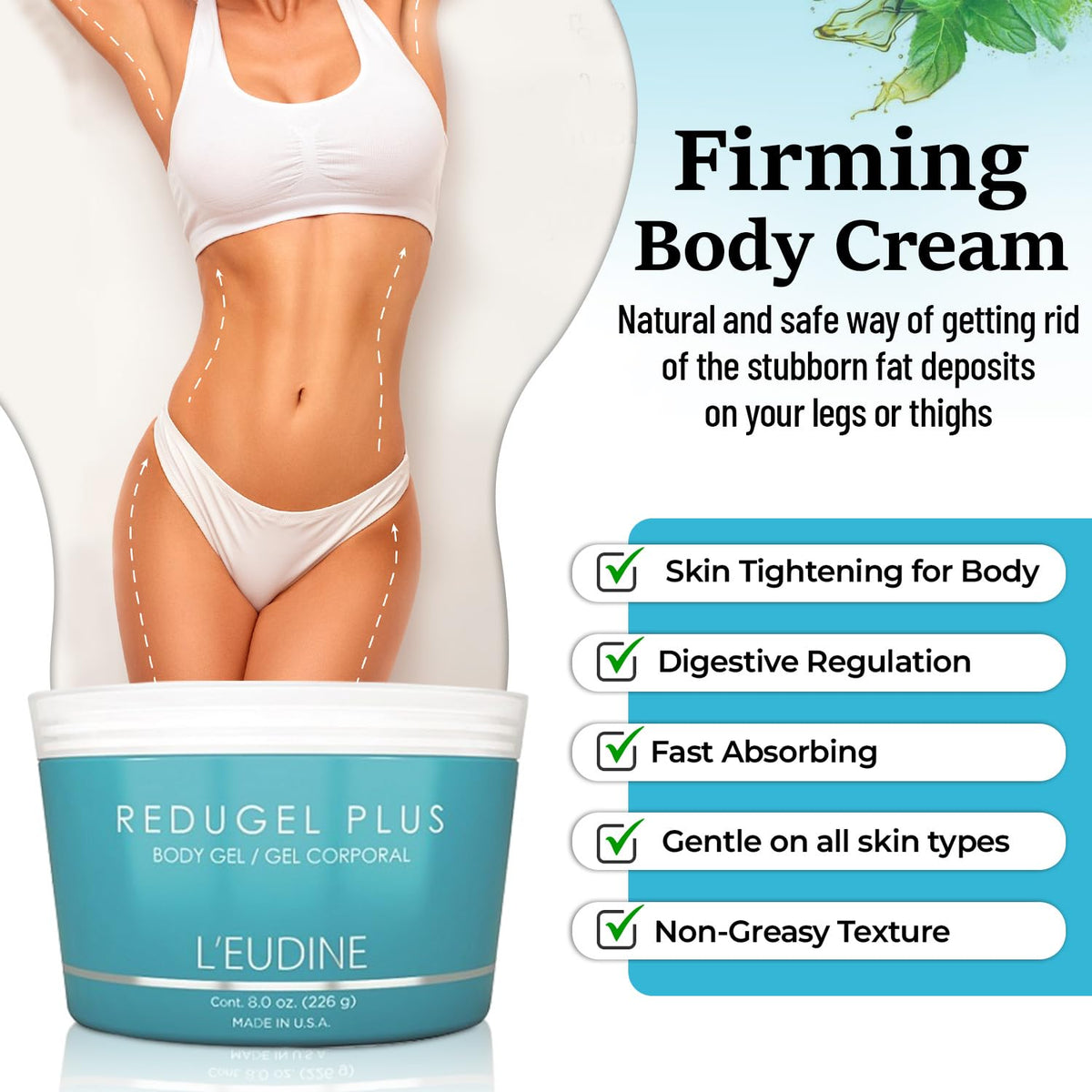 L’EUDINE Redugel Plus Skin Tightening Cream for Body, Firming Cream with Mint Oil, Field Horsetail