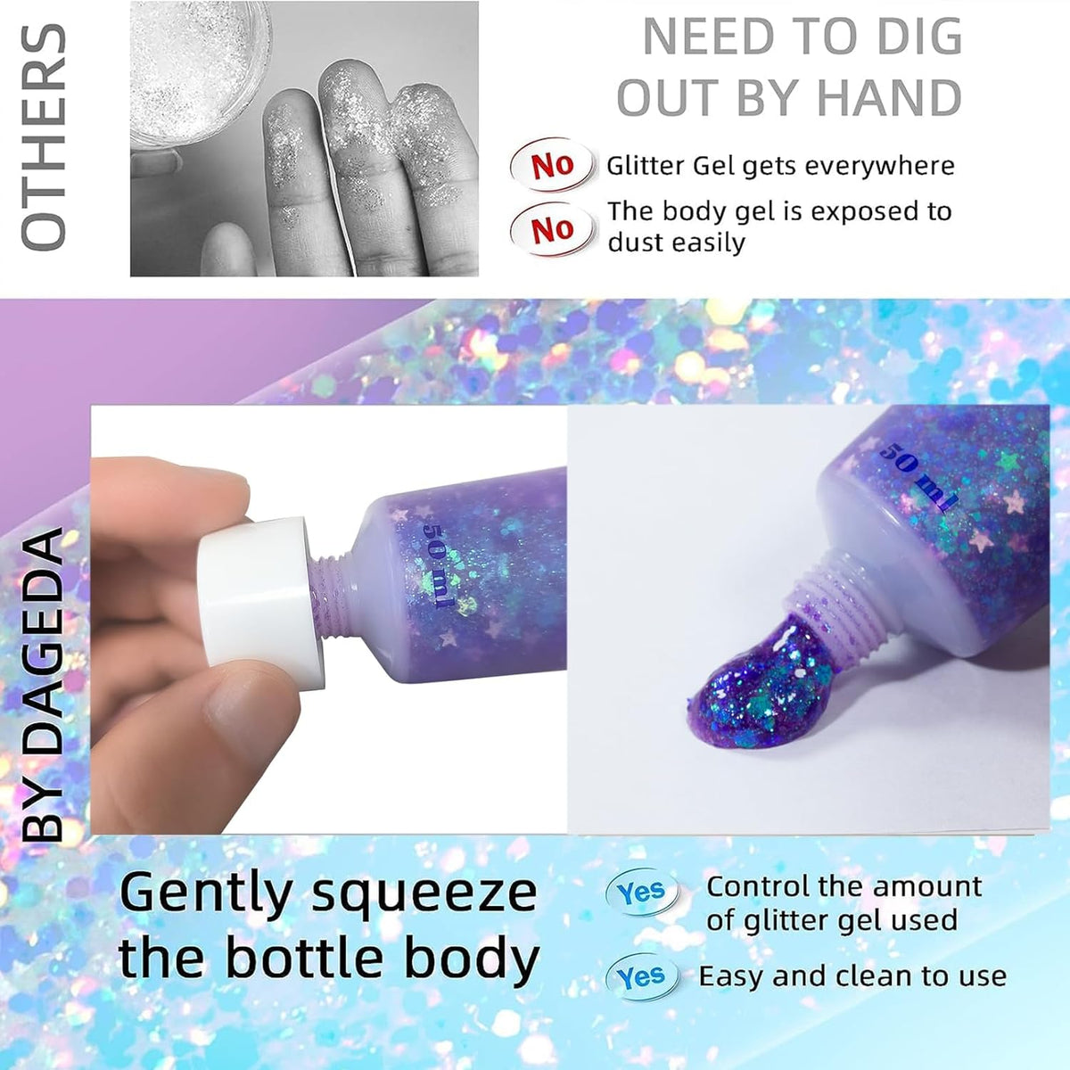 DAGEDA Body Glitter Gel, Face Glitters Body Gel Sequins Shimmer Liquid Eyeshadow, Chunky Glitter