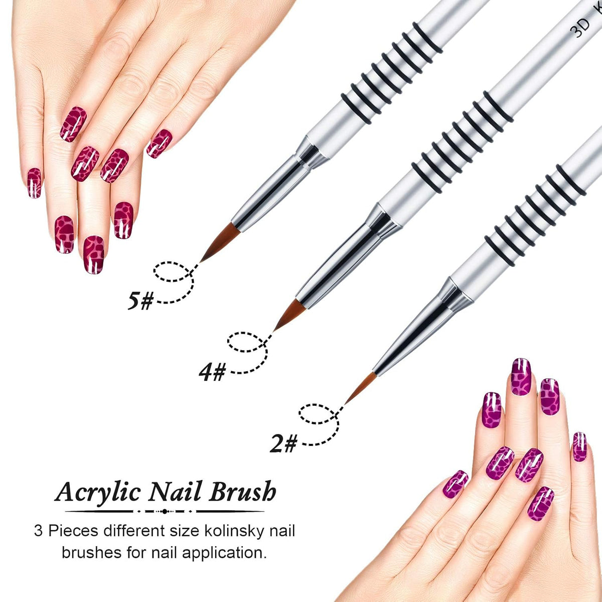 Patelai 3 Pcs Kolinsky 3D Nail Art Brush Set Size 2/4/5 Acrylic Nail Art Brush with Silver Metal
