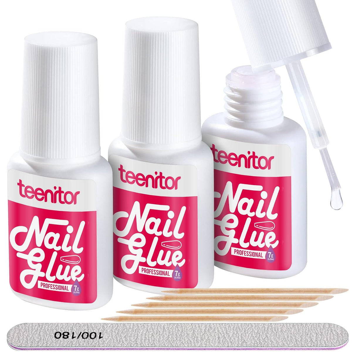 Teenitor Nail Glue for Press Ons, 3 Pack Best Nail Glue for Gel Tips with Nail Files, Super Strong