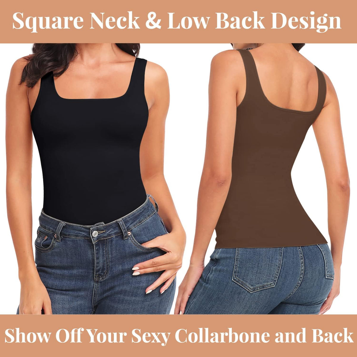 EUYZOU Women's Tummy Control Shapewear Tank Tops Seamless Square Neck Compression Tops Slimming