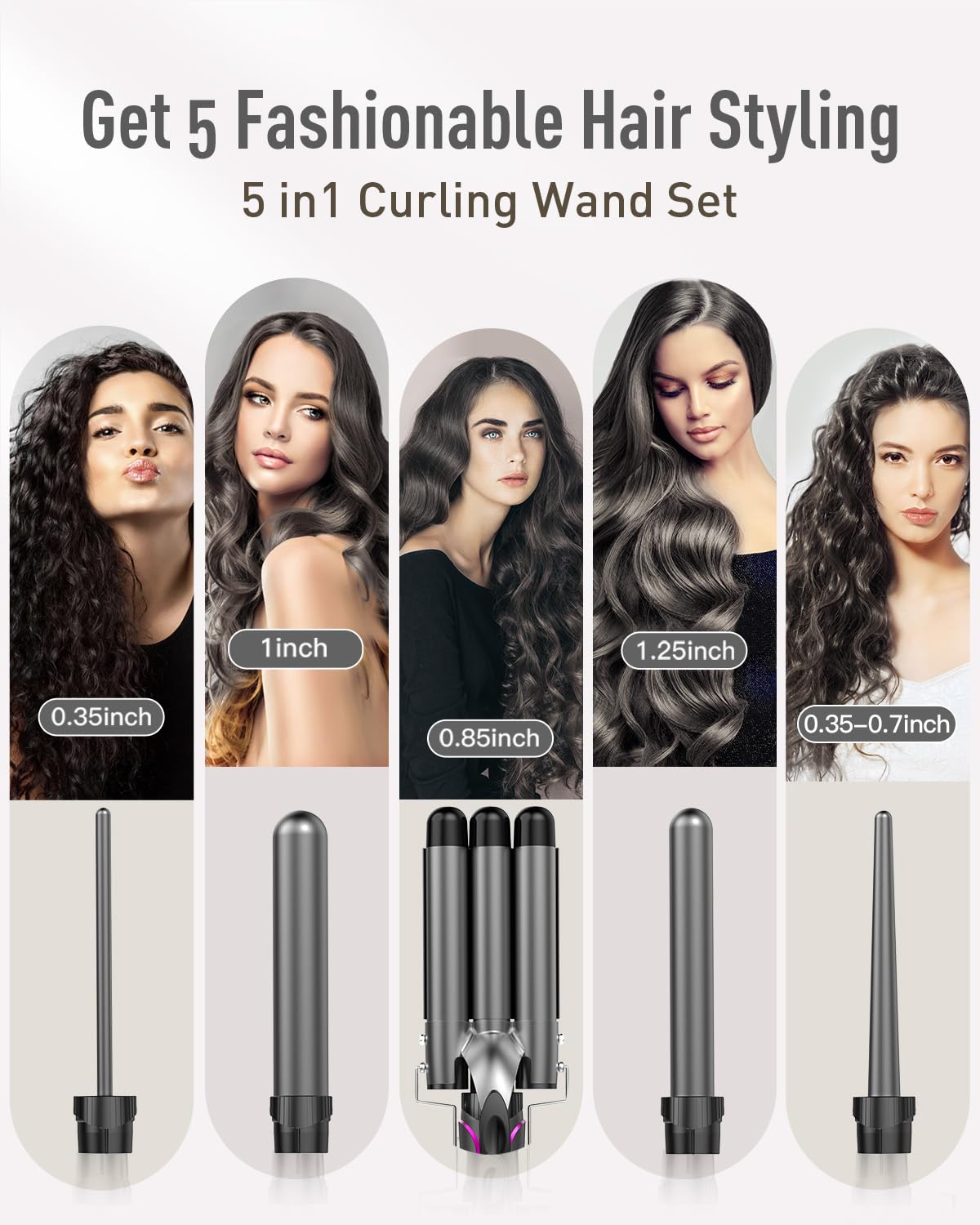 BESTOPE PRO 5 in 1 Curling Wand Set - 3 Barrel Hair Crimper, Fast Heating Ceramic Curling Iron