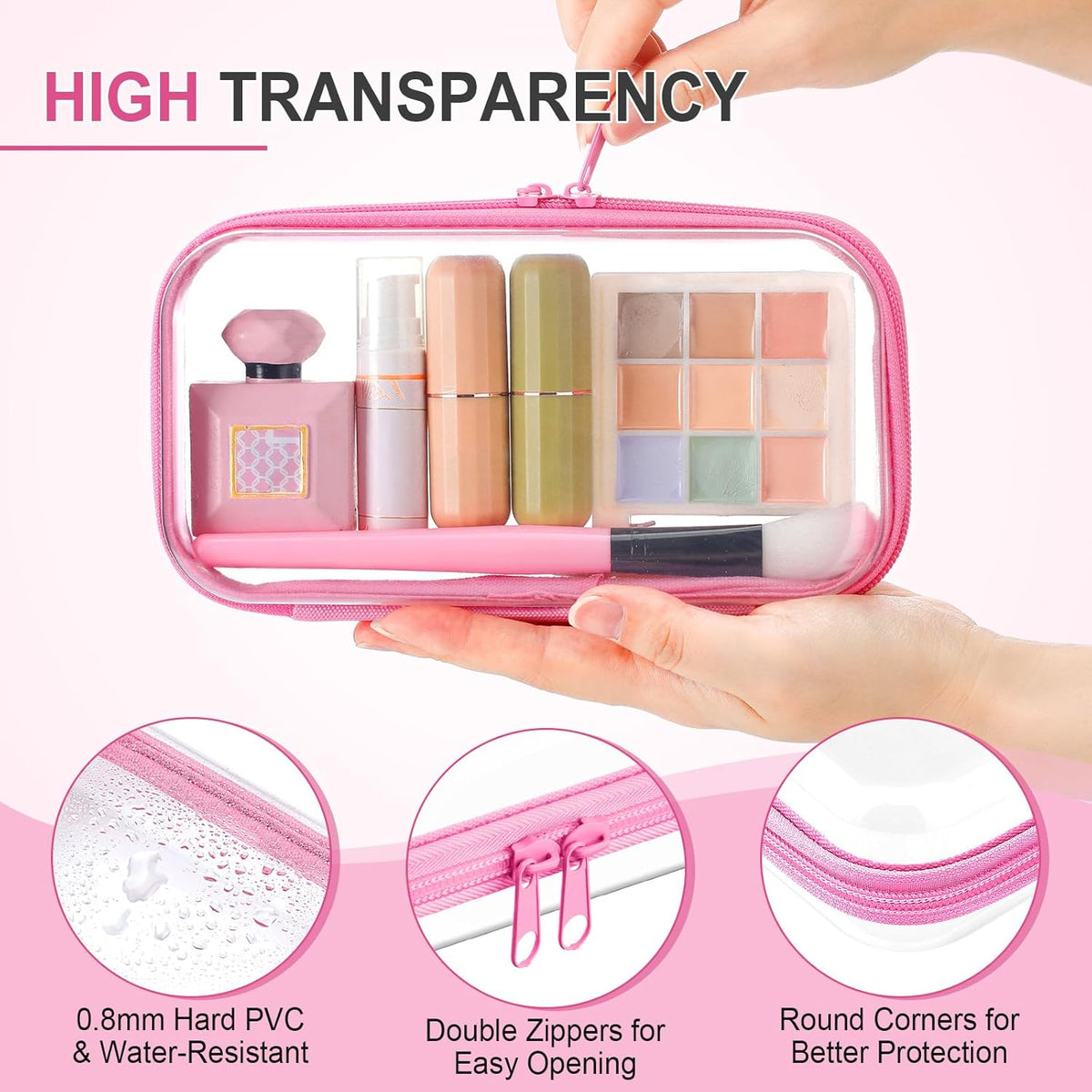 Hoolerry 4 Pcs Hard Clear Zipper Case Makeup Bags Plastic Pencil Pouch Transparent Storage Box