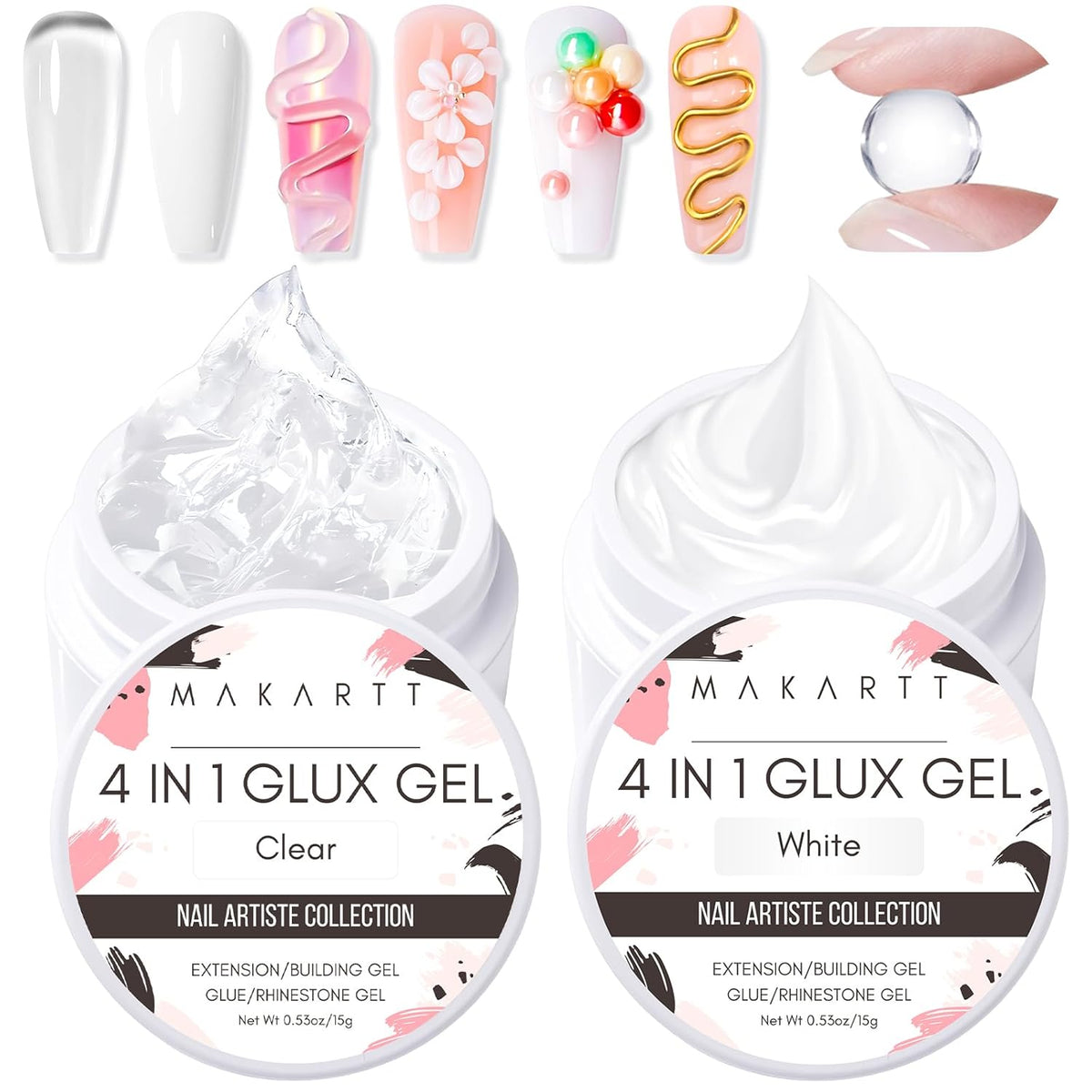 Makartt 3D Gel Nail Art: 4-in-1 Clear & White Solid Gel Builder Non-sticky for Extension 3D