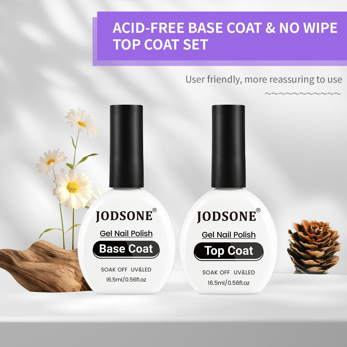 JODSONE 2Pcs 16.5ml Top Coat Base Coat Gel Polish Set No Wipe Clear Long Lasting Need U V Lamp