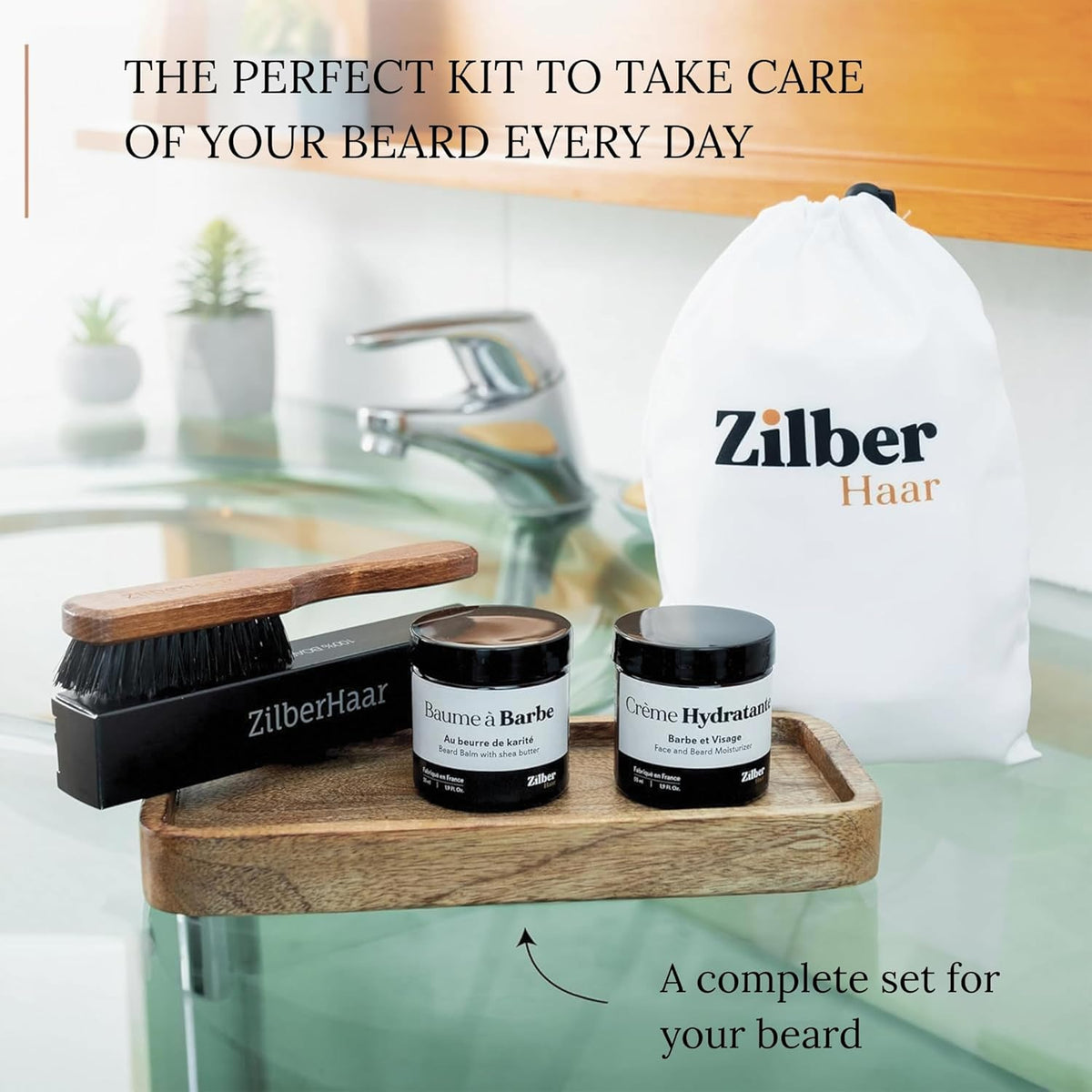 ZilberHaar - Beard Care Kit for Men - 1 Regular Beard Brush + 1 Beard Balm + 1 Moisturizing Cream +