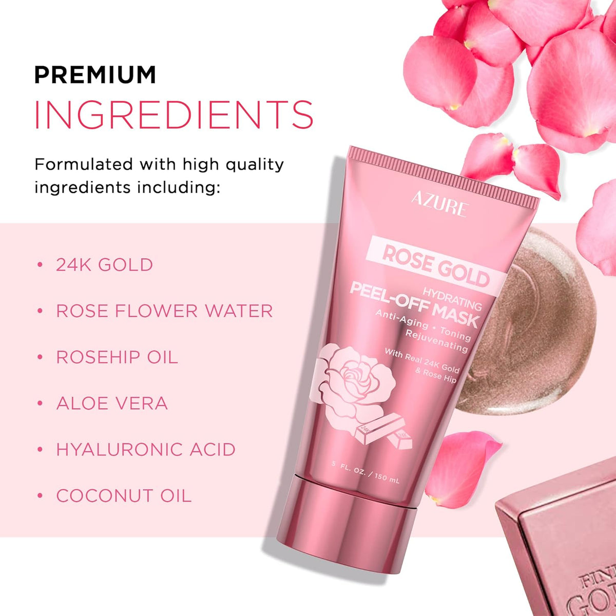 Azure Cosmetics Rose Gold Hydrating Peel Off Face Mask- Anti Aging, Toning & Rejuvenating - Removes