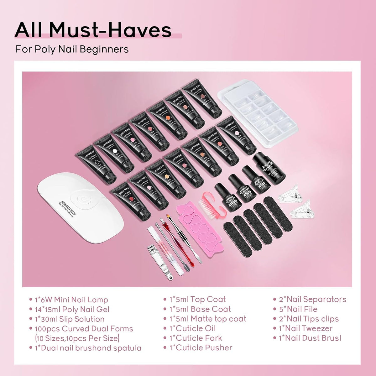 JEWHITENY Poly Extension Gel Nail Kit 14 PCS Poly Gel Kit with Slip Solution and Mini Lamp Nail Art