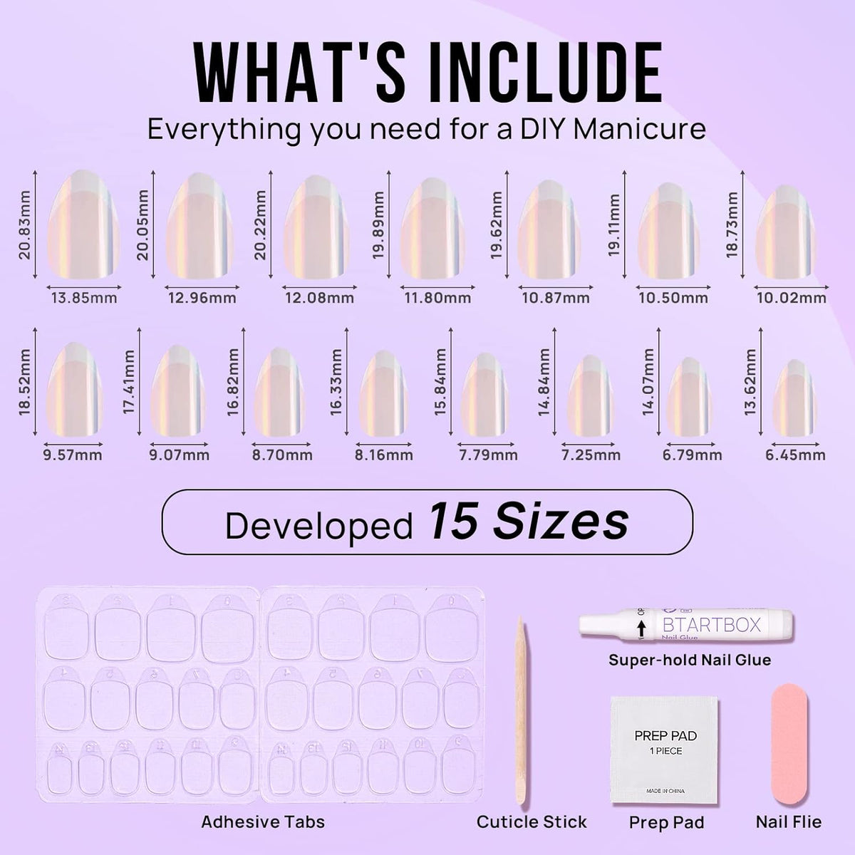 French Tip Press On Nails - BTArtbox White Almond Medium Reusable Stick On Nails in 15 Sizes - 30