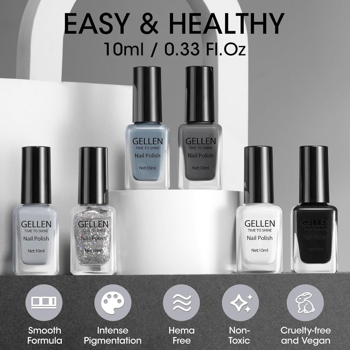 GELLEN Black White Gray Nail Polish Set, Quick Dry Natural Traditional Regular Nail Polish Fall