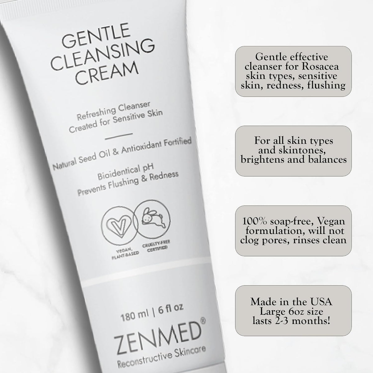 ZENMED Gentle Cleansing Cream - 6 oz. 100% Vegetarian Natural See Oil & Antioxidant Fortified Help
