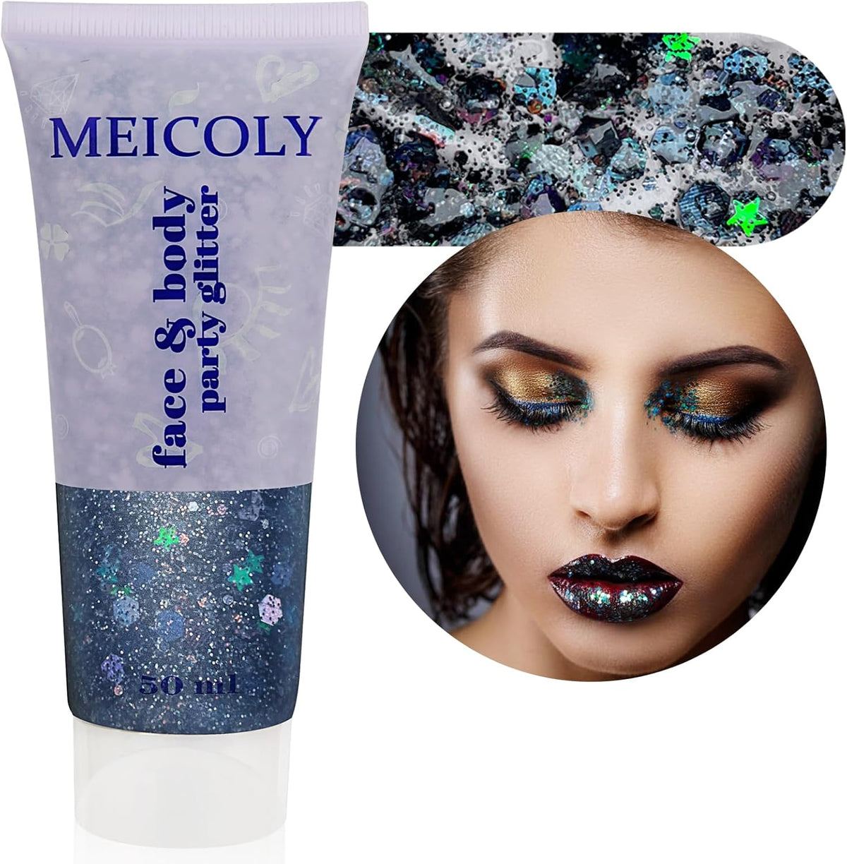 MEICOLY Black Glitter, Professional Body Paint, Mermaid Sequins Eye Glitter for Halloween Cosplay