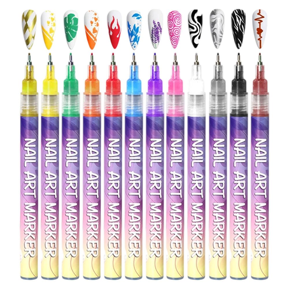 12 Colors Nail Art Pens Set, 3D Nail Art Markers Doodle Pen for Kids Adults, Nail Art Tools for