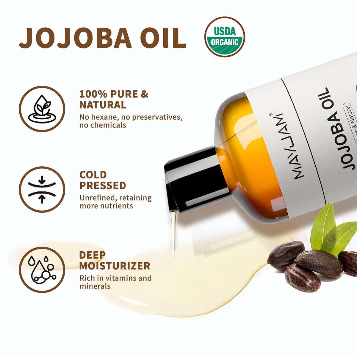 16 Oz Jojoba Oil for Skin, USDA Certified Cold Pressed Jojoba Oil for Hair, Face, Body, Ear