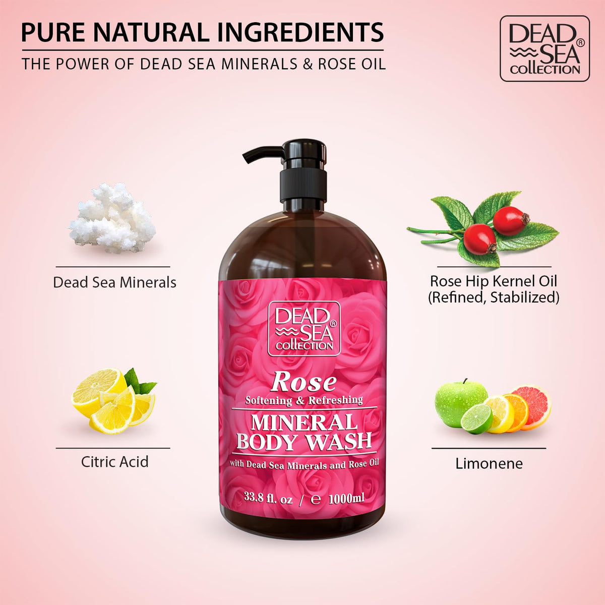 Dead Sea Collection Rose Body Wash for Women and Men - with Pure Dead Sea Minerals and Rose Extract
