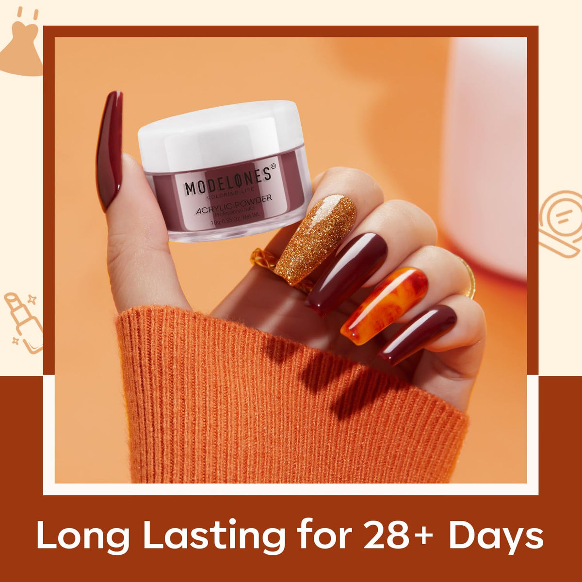 MODELONES 6 Colors Acrylic Powder, Fall Autumn Acrylic Nail Powder Gold Red Yellow Orange Nail