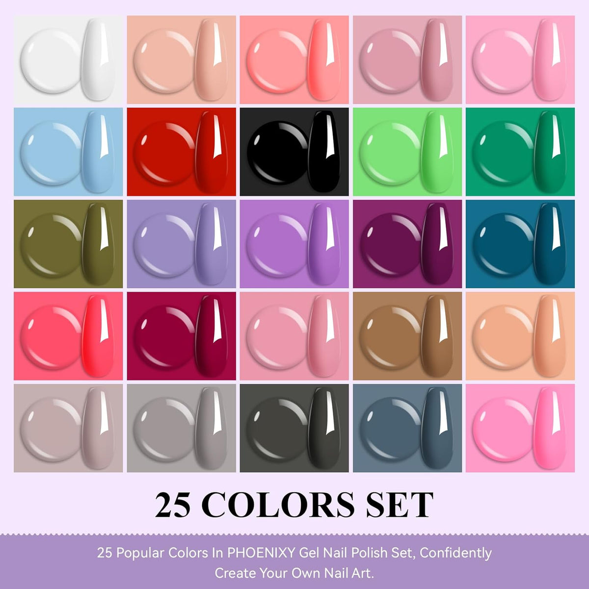 phoenixy Gel Nail Polish 25+5 PCS Gel Nail Polish Kit with Black White Pink Blue Purple Suitable