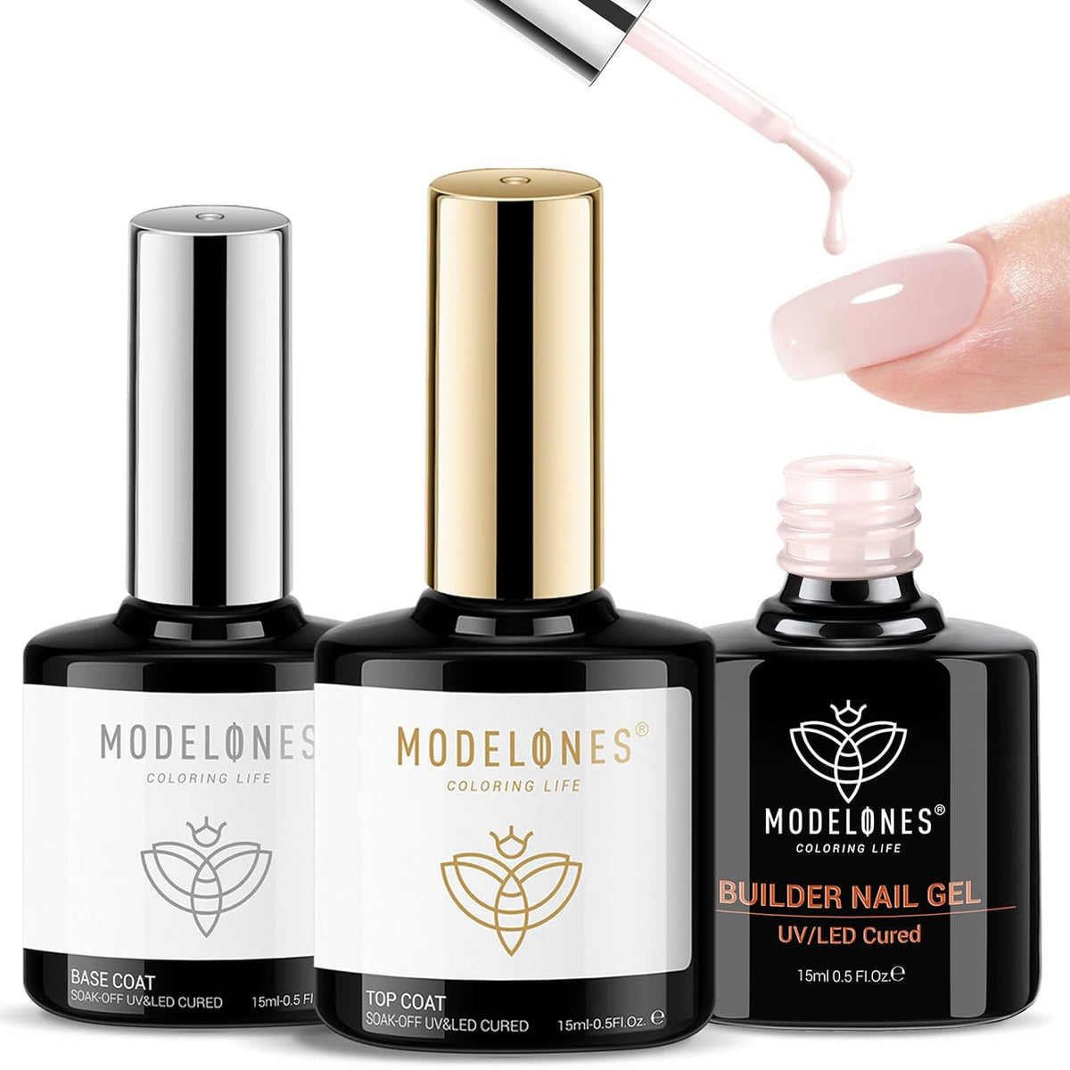 modelones Top Coat with Builder Nail Gel, Nude Pink Color Builder Top Nail Kit for Apex Building
